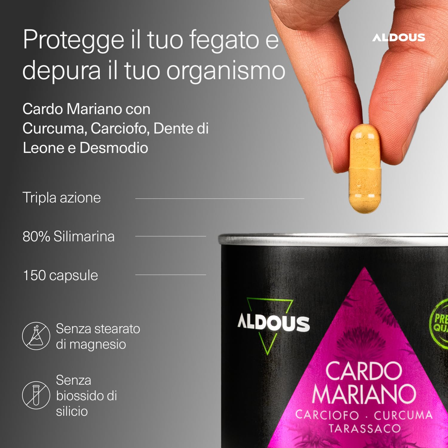 Cardo Mariano Tarassaco e Carciofo con Curcuma e Desmodio - 150 Capsule - 80% di Silimarina - Integratore Detox Fegato e Intestino - Depurativo Fegato - Gonfiore addominale - Cardo Mariano Fegato