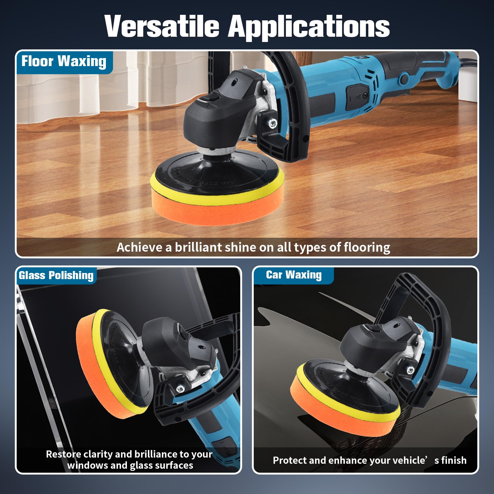 Polisseuse de voiture – Polisseuse 1600 W avec 6 vitesses variables (500–3300 tr/min), tampon de polissage 125/178 mm, ensemble de polisseuse polyvalente pour voiture, sol, verre, métal, etc