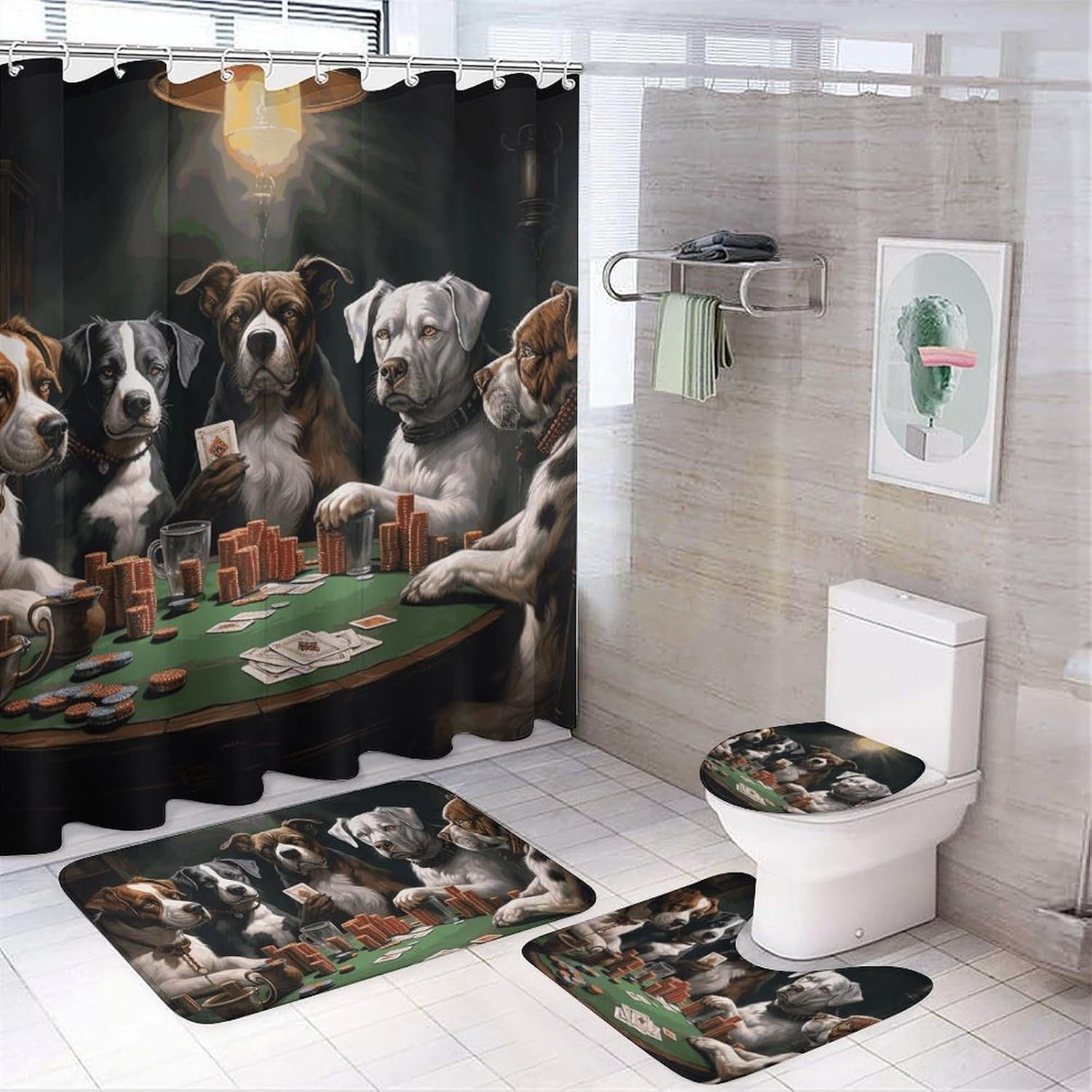 Playing Poker Dogs Shower Curtain Set 4 Piece, Non-Slip Bath Mat with Toilet Lid Cover and Waterproof Shower Curtain with 12 Hooks, Complete Bathroom Set for Home Decor
