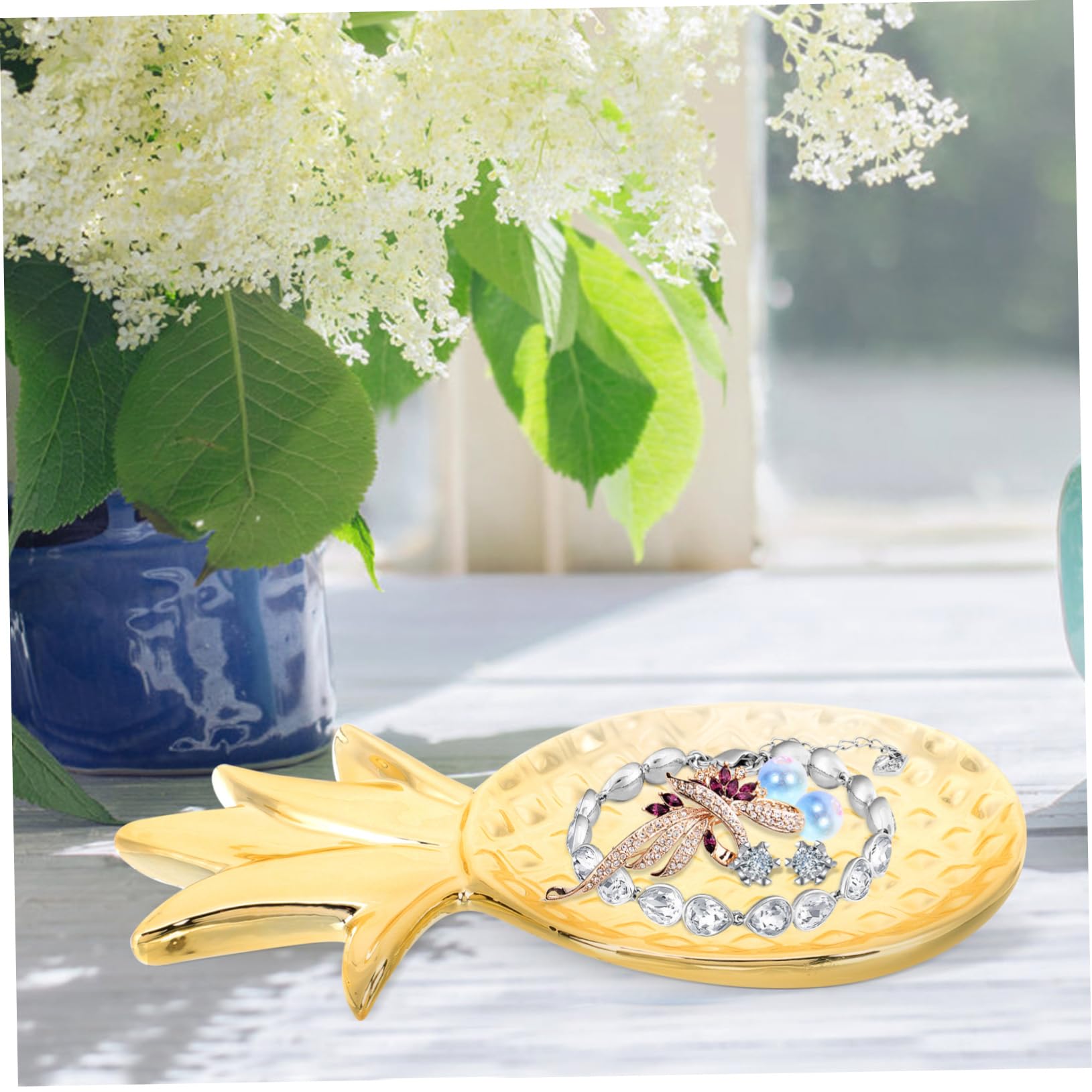 Amosfun Goldene Keramik Schmuckschale als Ablage für Ohrringe, Ananasform