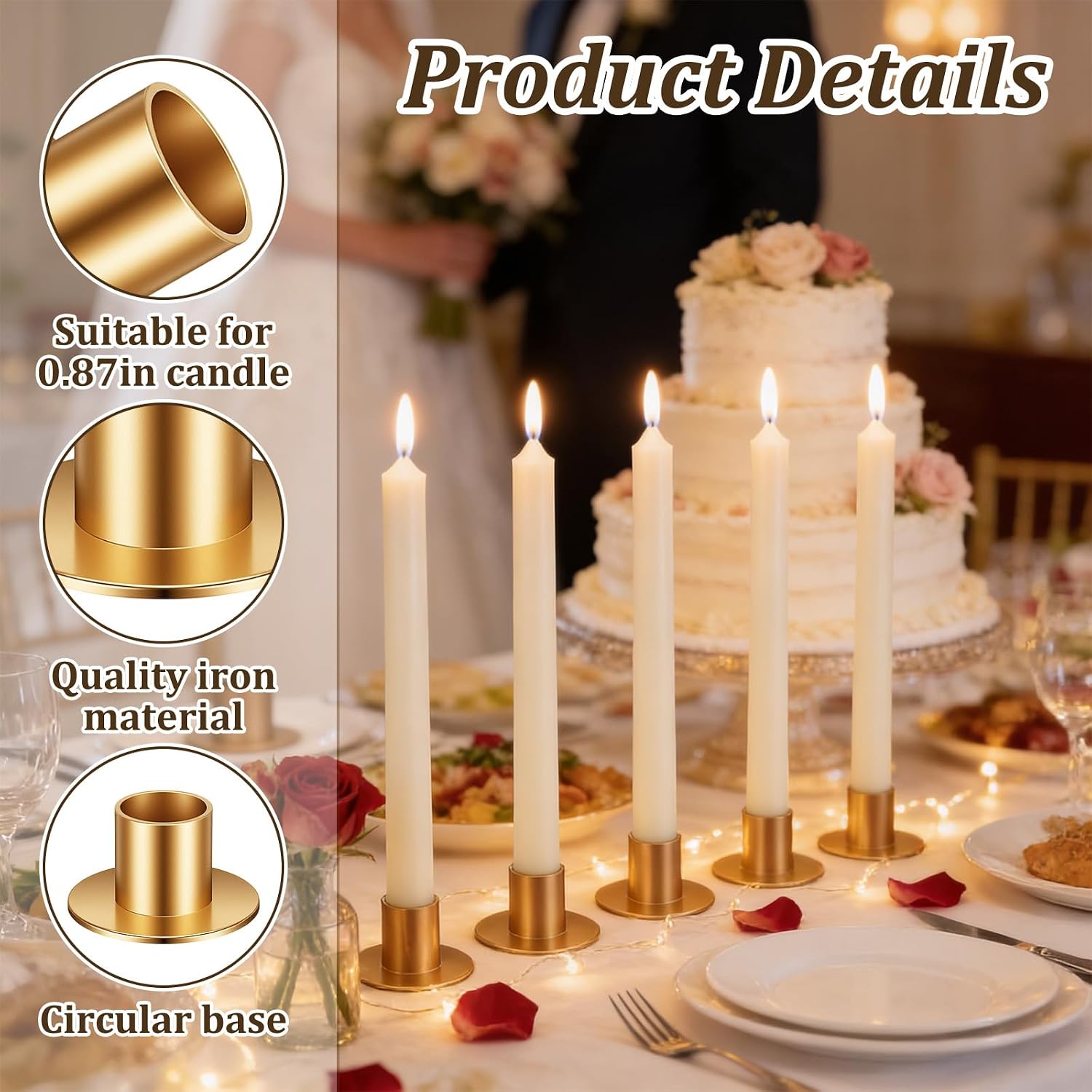 24 PCS Gold Taper Candle Holders, Short Skinny Vintage Candlestick Holders for 0.87 inch Pillar Candles Metal Candle Holder for Table and Fireplace Decorations, Weddings and Holiday Centerpieces