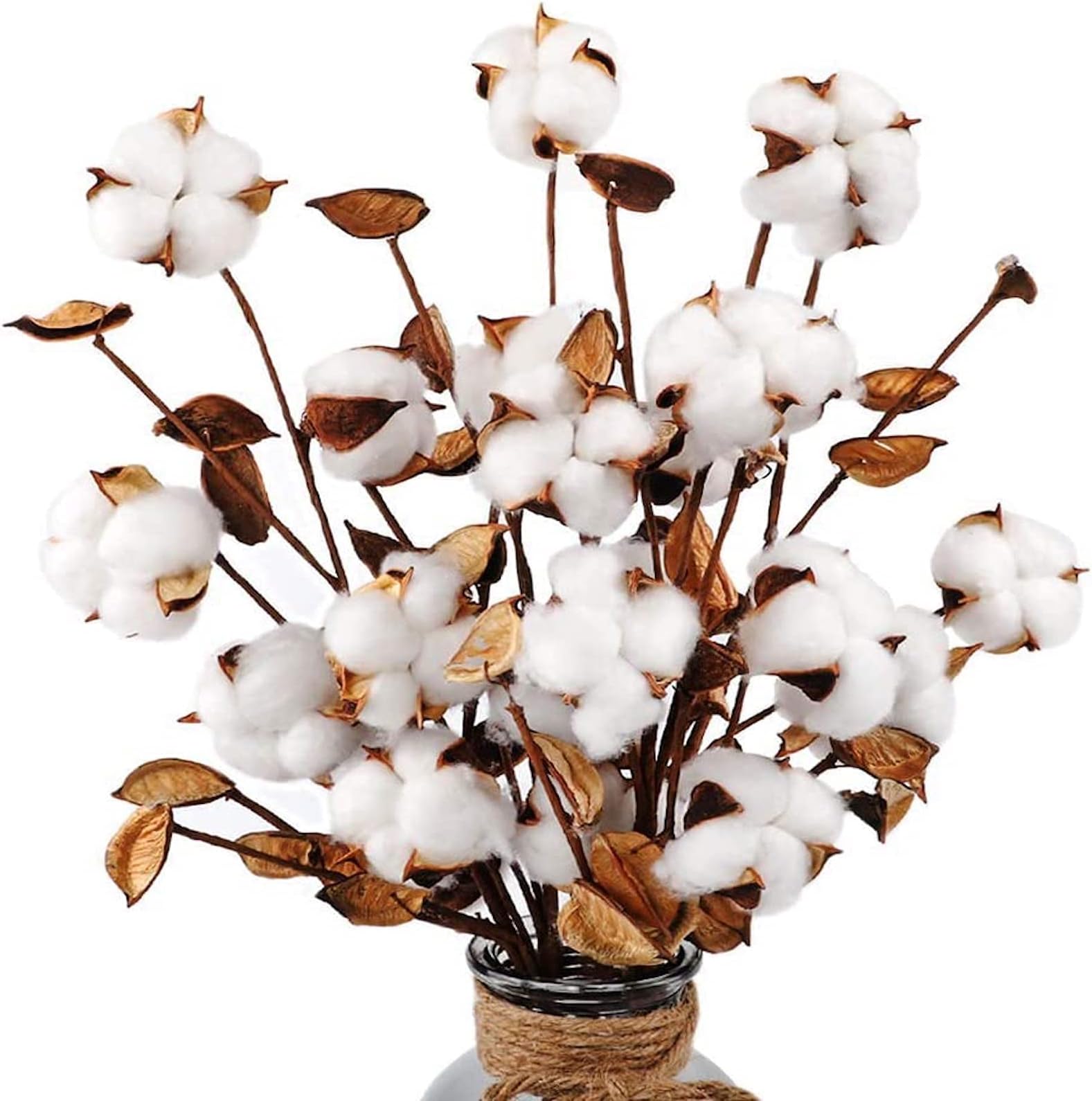Ageomet 4pcs Cotton Stems 21" Artificial Cotton Flowers, Total 24 Balls Dried Floral Stems Cotton Decor for Farmhouse Decoration, Home Wedding Decor