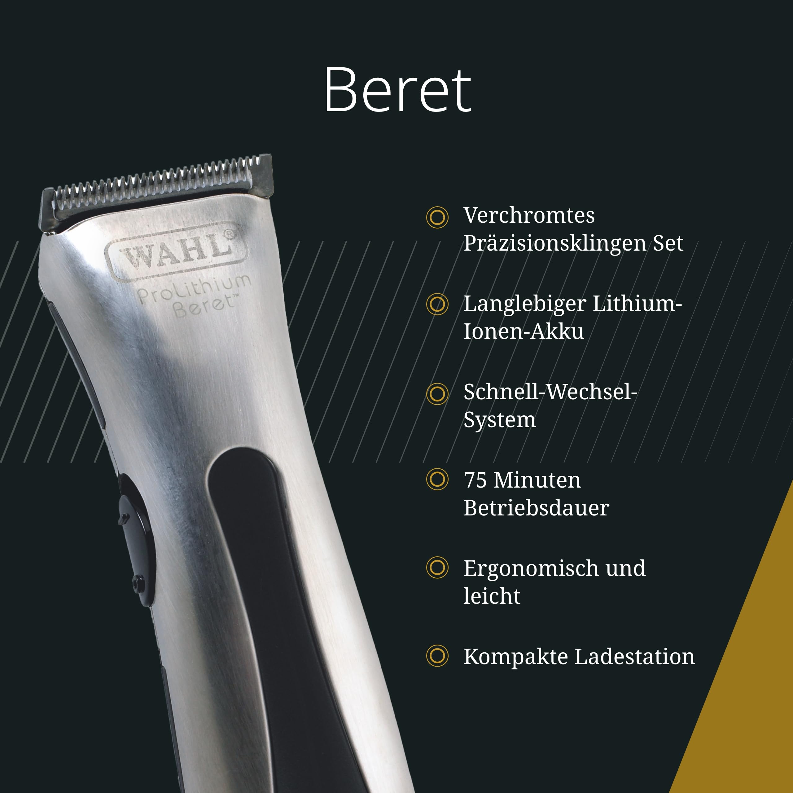 Wahl Beret, Netz- und kabelloser Konturen-Haarschneider, Silber/Schwarz | Konturen-Haarschneider mit Präzisionsklingensatz, Schnellwechselsystem, Haartattoos, Lithium-Ionen-Akku, 75 Minuten Laufzeit