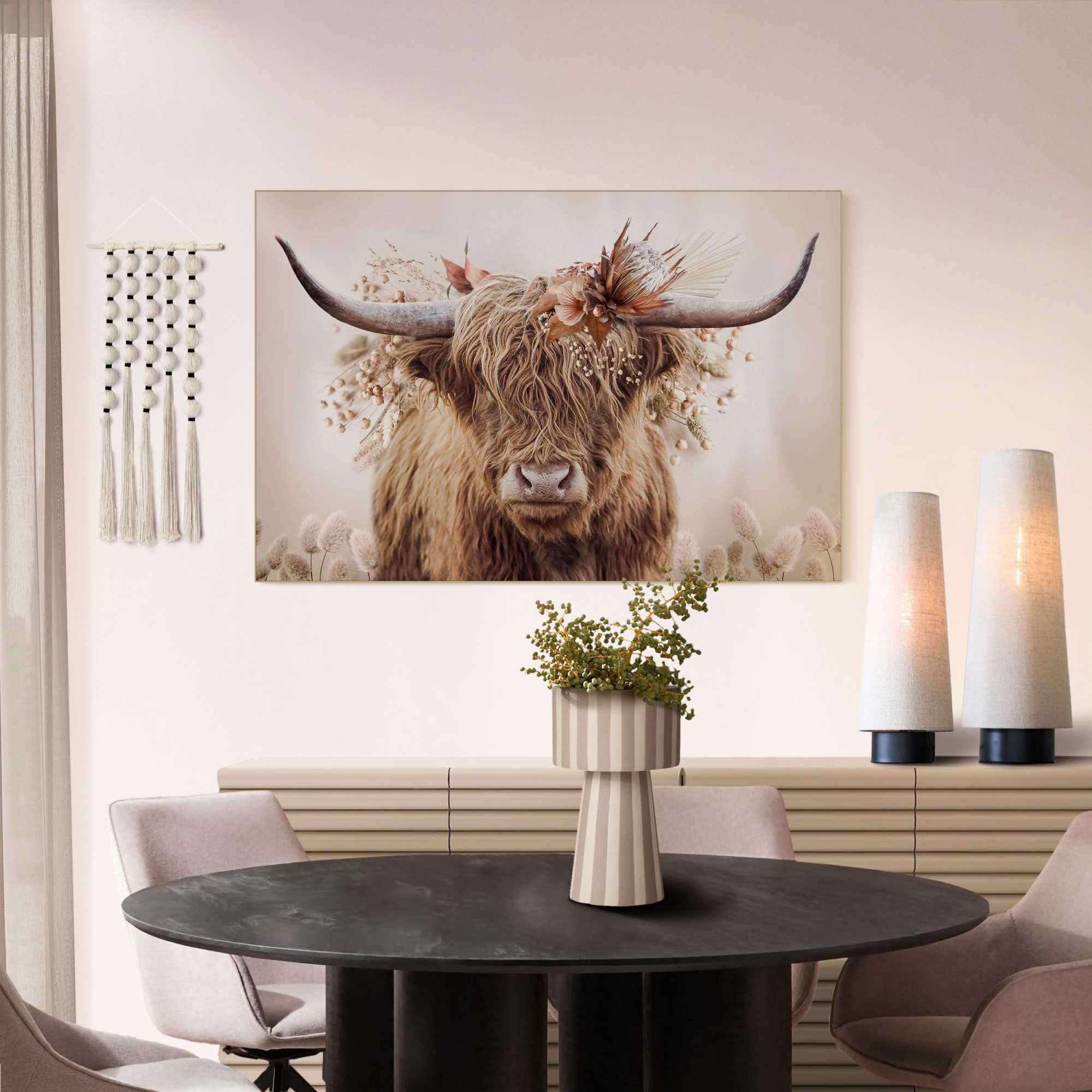 REINDERS Wandbild, Highlander in Blumen, Wohnzimmer, Bilder, Wanddeko, Room Decor, MDF, Beige, 90 x 60
