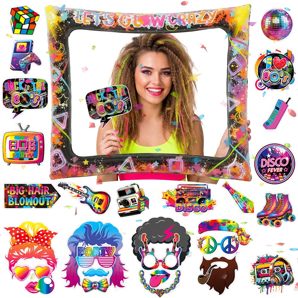 80s Party Decorations Photo Booth Props Set with Inflatable Selfie Frame, 30 Retro 1980s Picture Props on Sticks, Neon Disco Theme Party Supplies for Adult Birthdays, Fancy Dress & Events