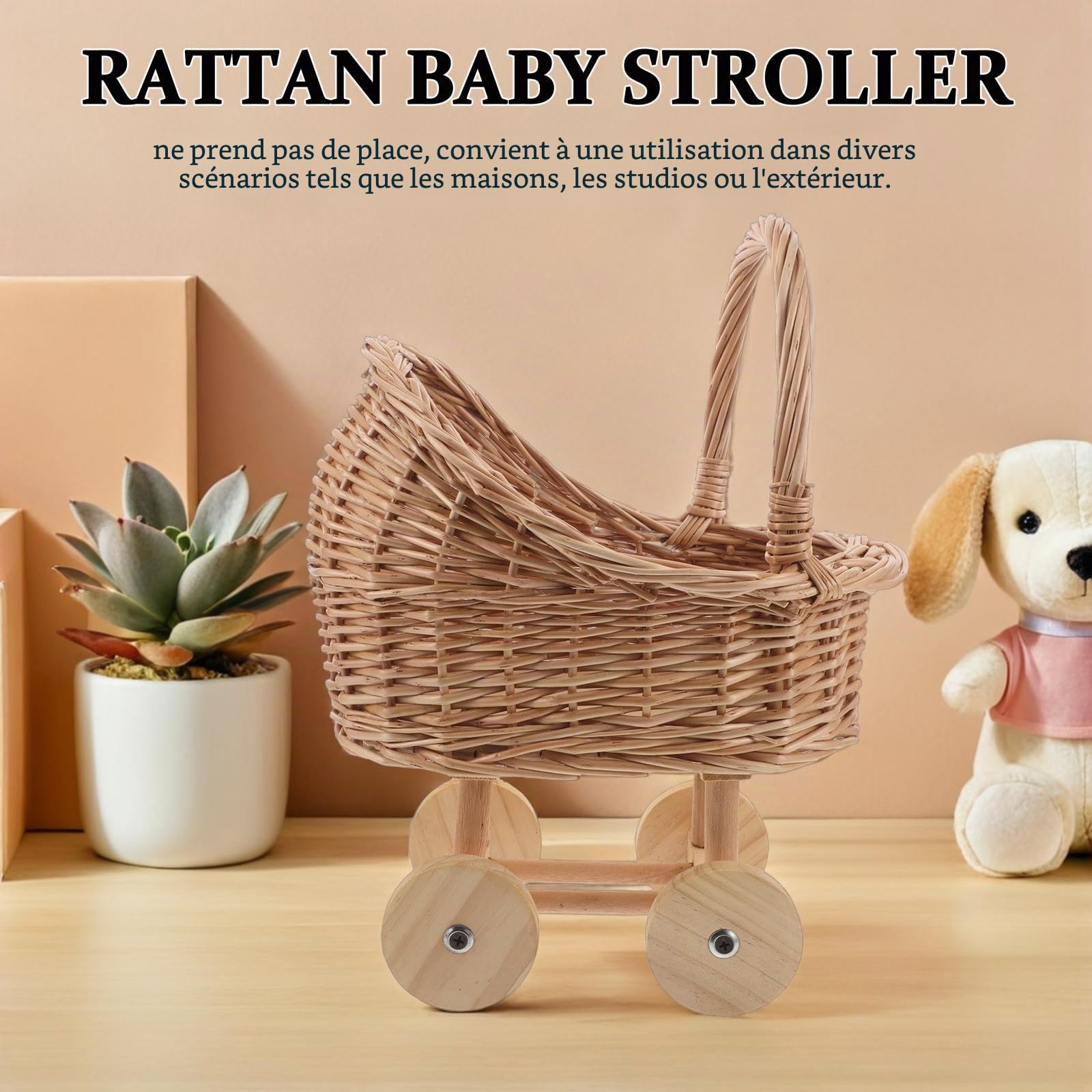 Gatuida Poussette de poupée, Jouet d'imitation en Osier pour bébé Fille, Poussette de poupée, Panier de Fleurs Vintage pour Maison de Jeu
