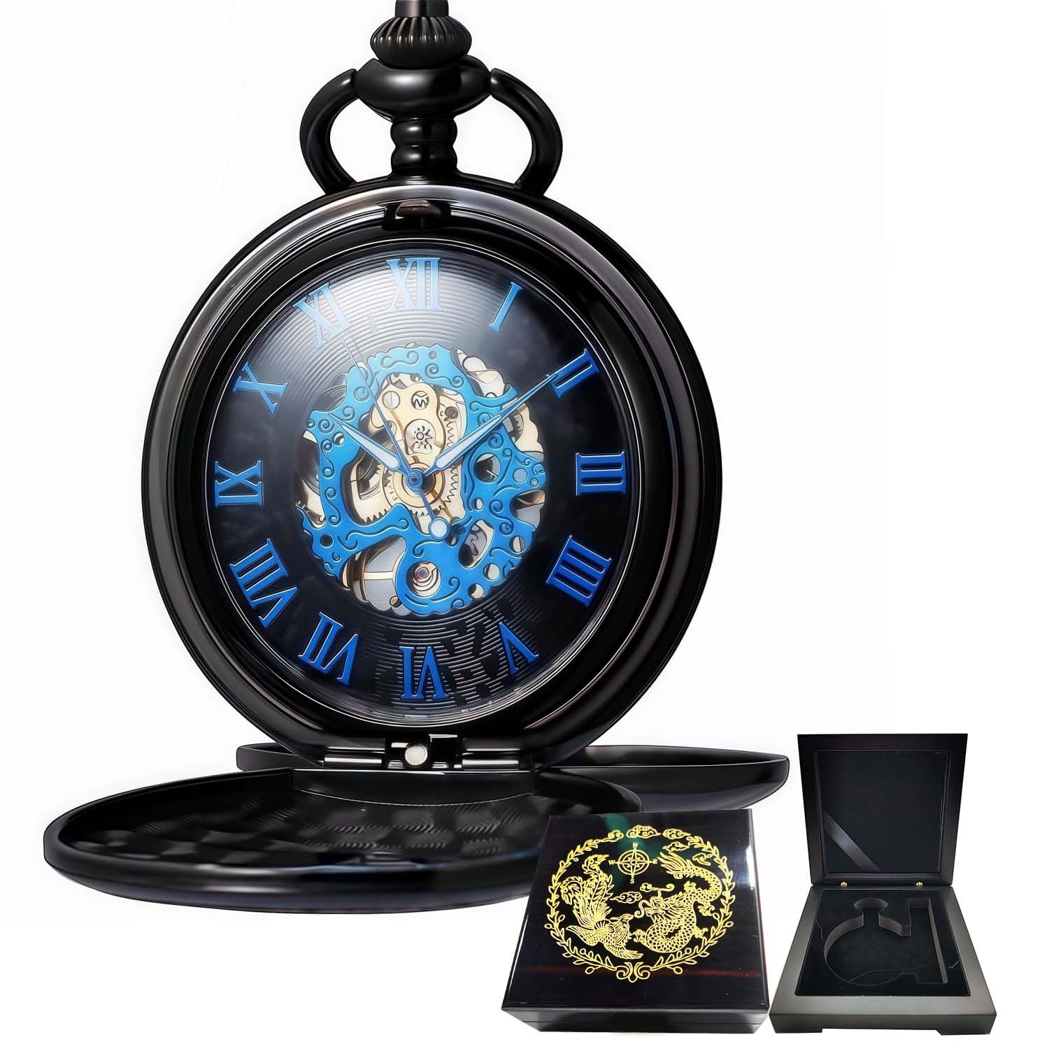 Orologio da taschino meccanico con numeri romani, quadrante scheletrato, con scatola in legno di lusso e catene, per uomo e donna, nero