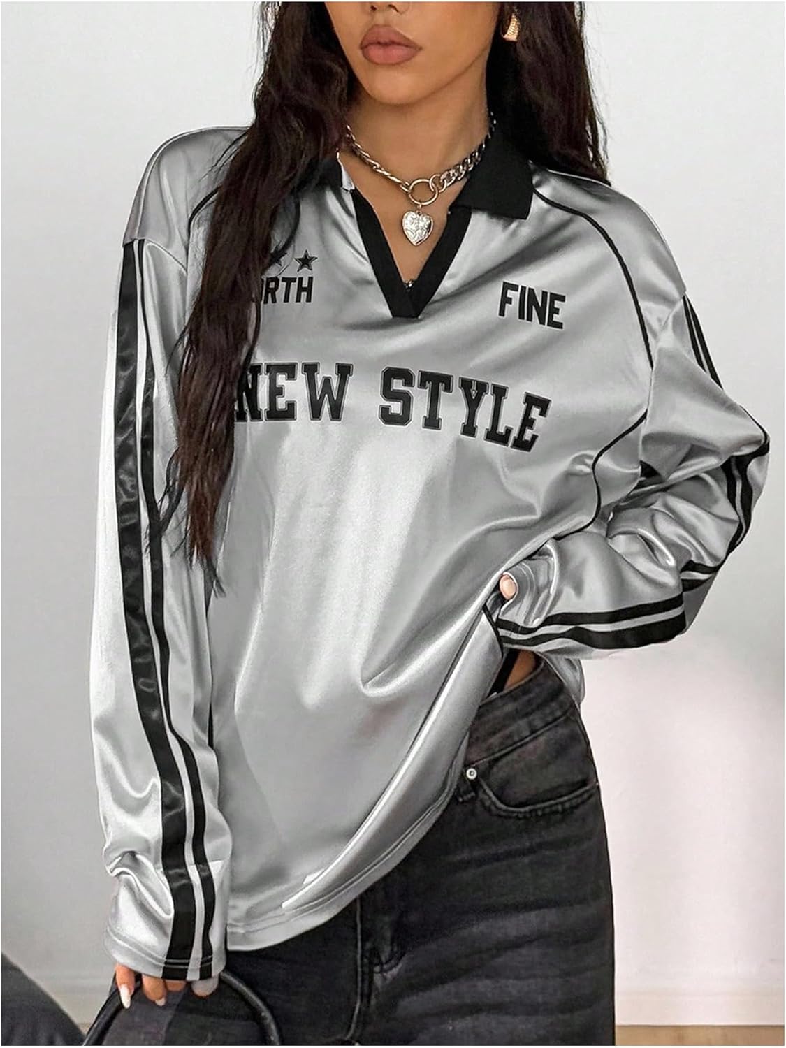 GORGLITTER Women's Metallic Shirt Letter Graphic Tees Y2k Striped Long Sleeve Jersey T Shirt Collared Streetwear Tops - Image 3