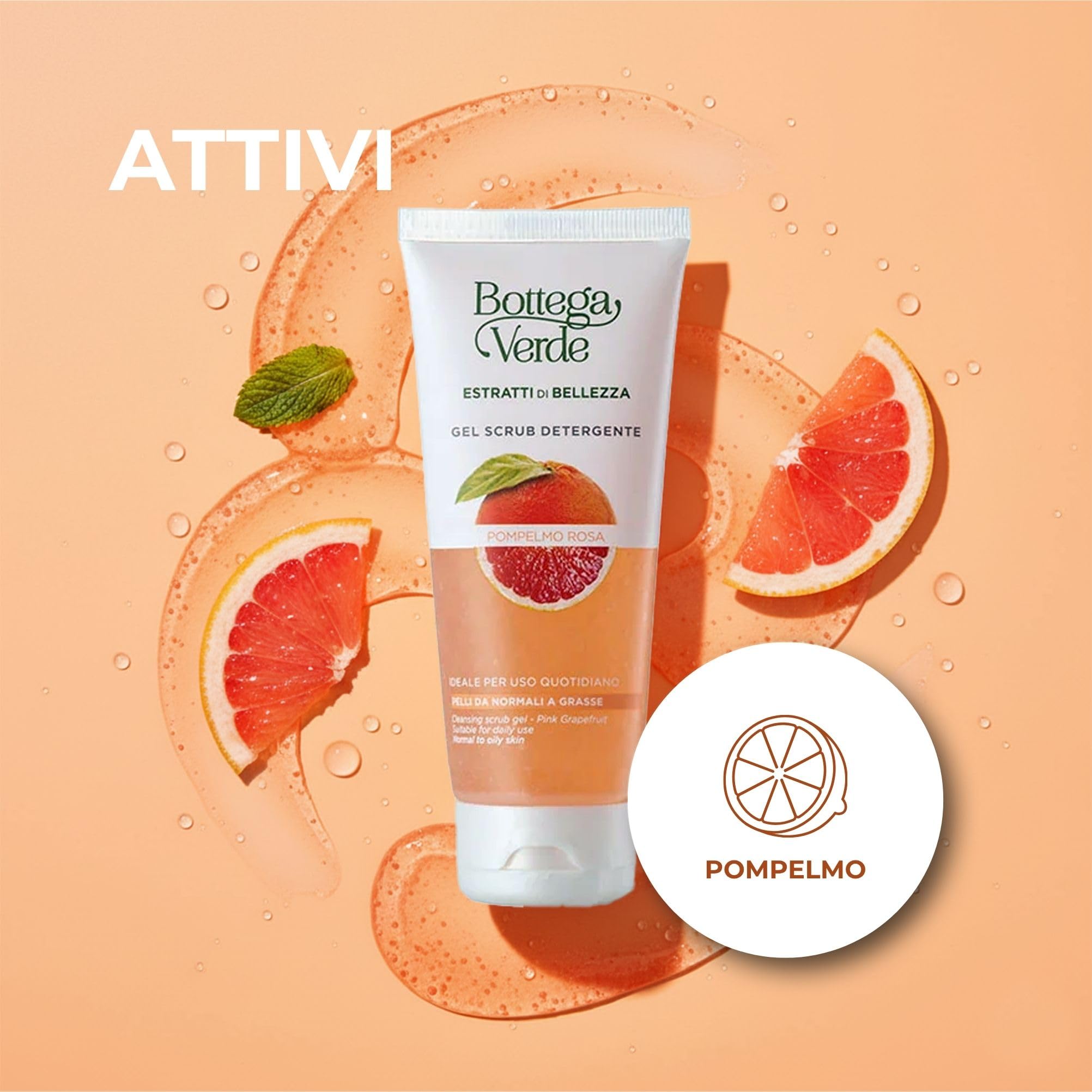 Bottega Verde - Estratti di Bellezza, Gel Scrub Detergente, 100 ml, con Pompelmo Rosa, Trattamento Esfoliante e Purificante per Pelli Normali e Grasse, Uso Quotidiano