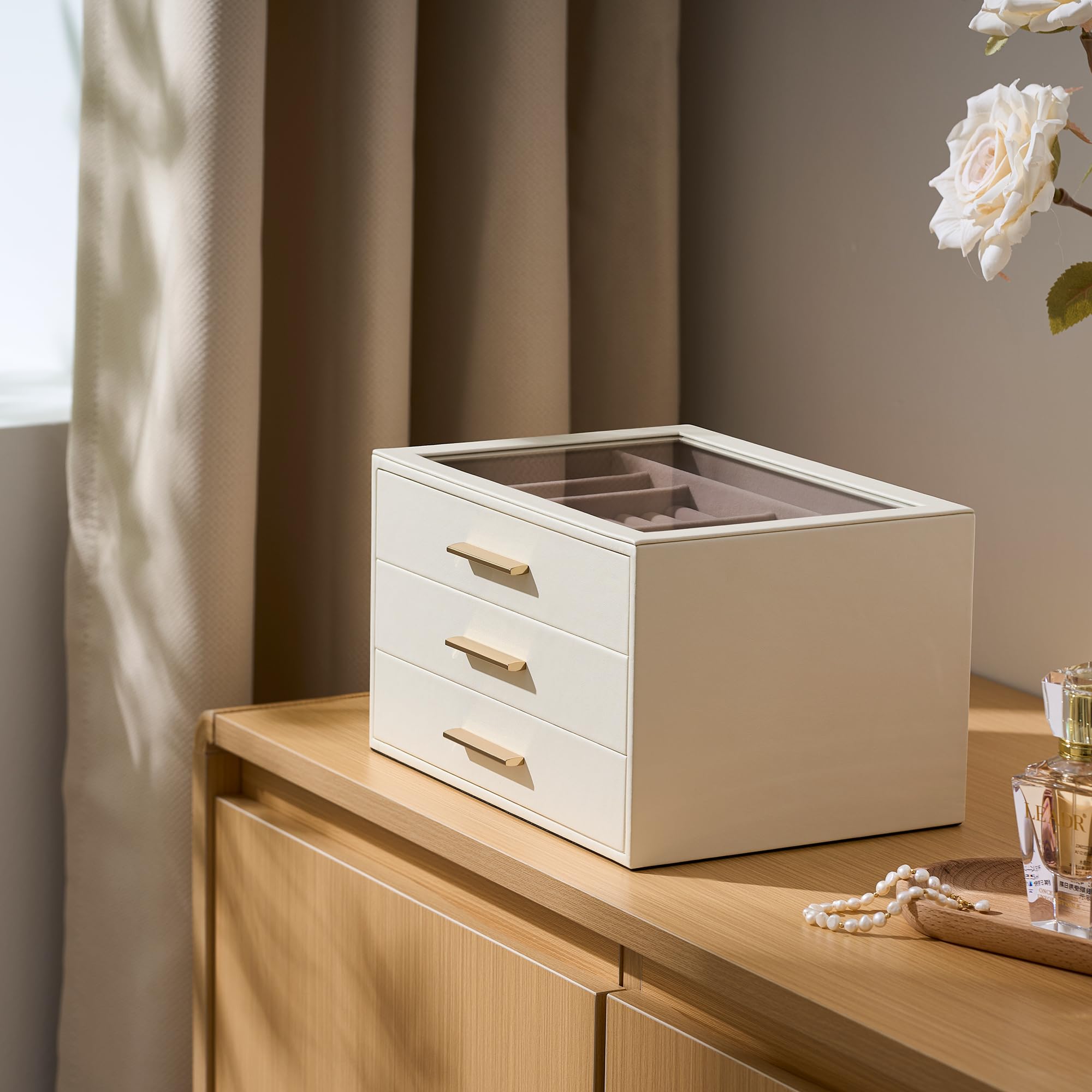 pickpiff Schmuckkästchen-Organizer: 3-stöckiges Schmuckkästchen mit Glasfenster, elfenbeinfarbenes Leder mit rosa Samt, Halterungen für Ringe, Halsketten, Armbänder und Uhren, tolles Geschenk für sie
