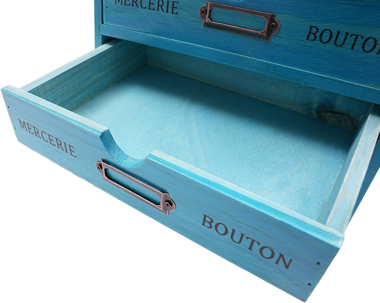 Turquoise 5 Drawer Wooden Desk Organizer, Wooden Storage Box Desktop Storage, Countertop Drawers Library Card Catalog Cabinet Apothecary Cabinet, Vintage Wood Home Office Desk Organizer (Blue)