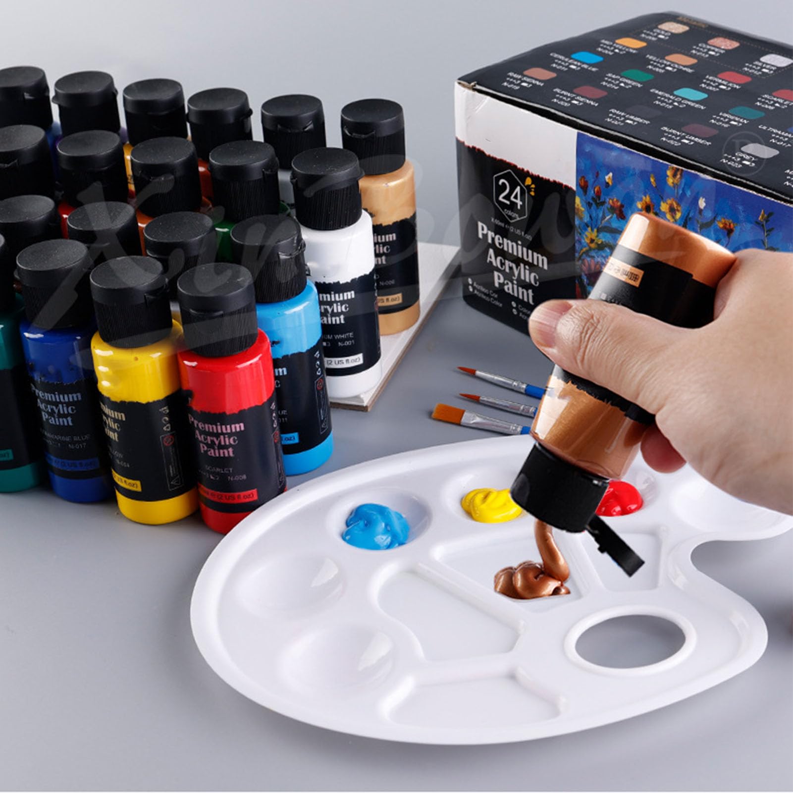 Professionelles Aquarellfarben-Set, 24 Flaschen mit flüssigen Aquarellfarben à 60 ml sowie 3 synthetische Pinsel für Erwachsene, Anfänger und Künstler – hochpigmentiertes,