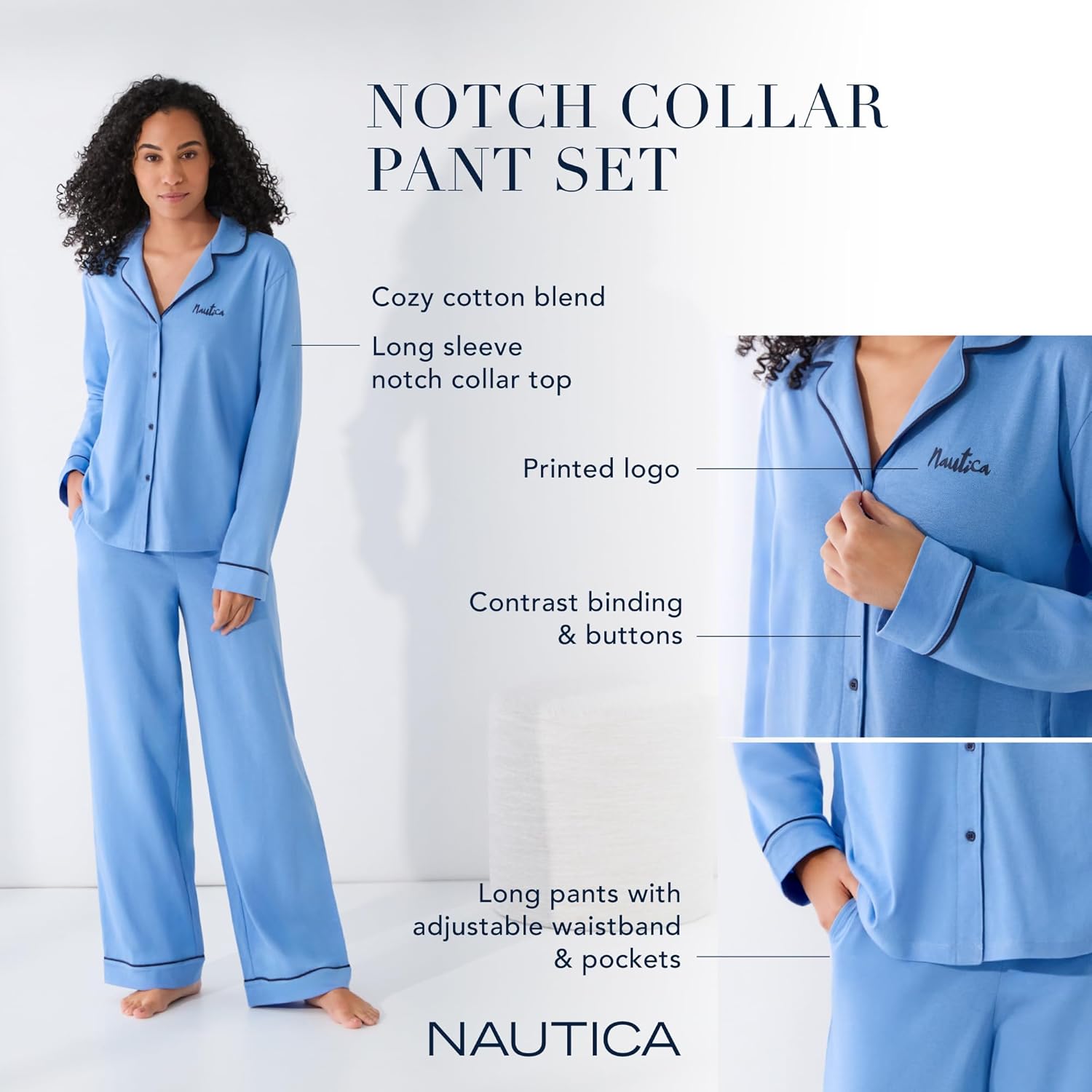 Nautica 2-Piece Notch Collar Pajama Set for Women, Button-Up Top & Drawstring Pants, Cotton Blend, Lightweight - Image 3