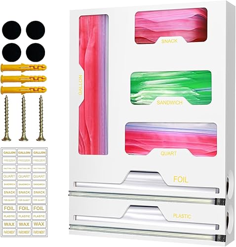 Tclouda Organizador de bolsas para Ziplock, organizador de papel de aluminio y plástico, 6 en 1, dispensador de bambú con cortador para cajón de