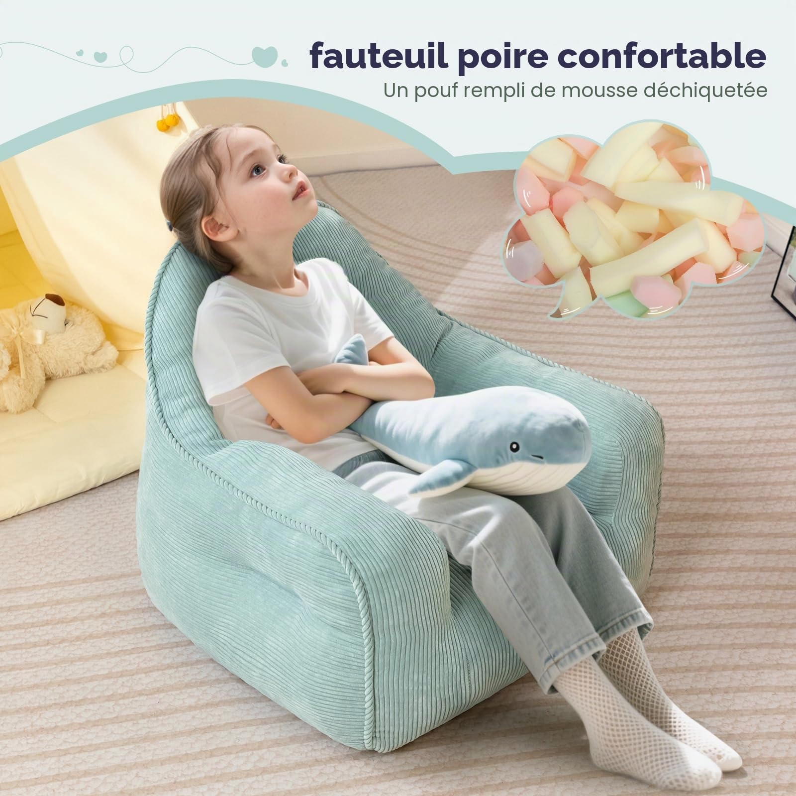 BEJOY Chaises pouf confortables, remplissage inclus, gris-vert