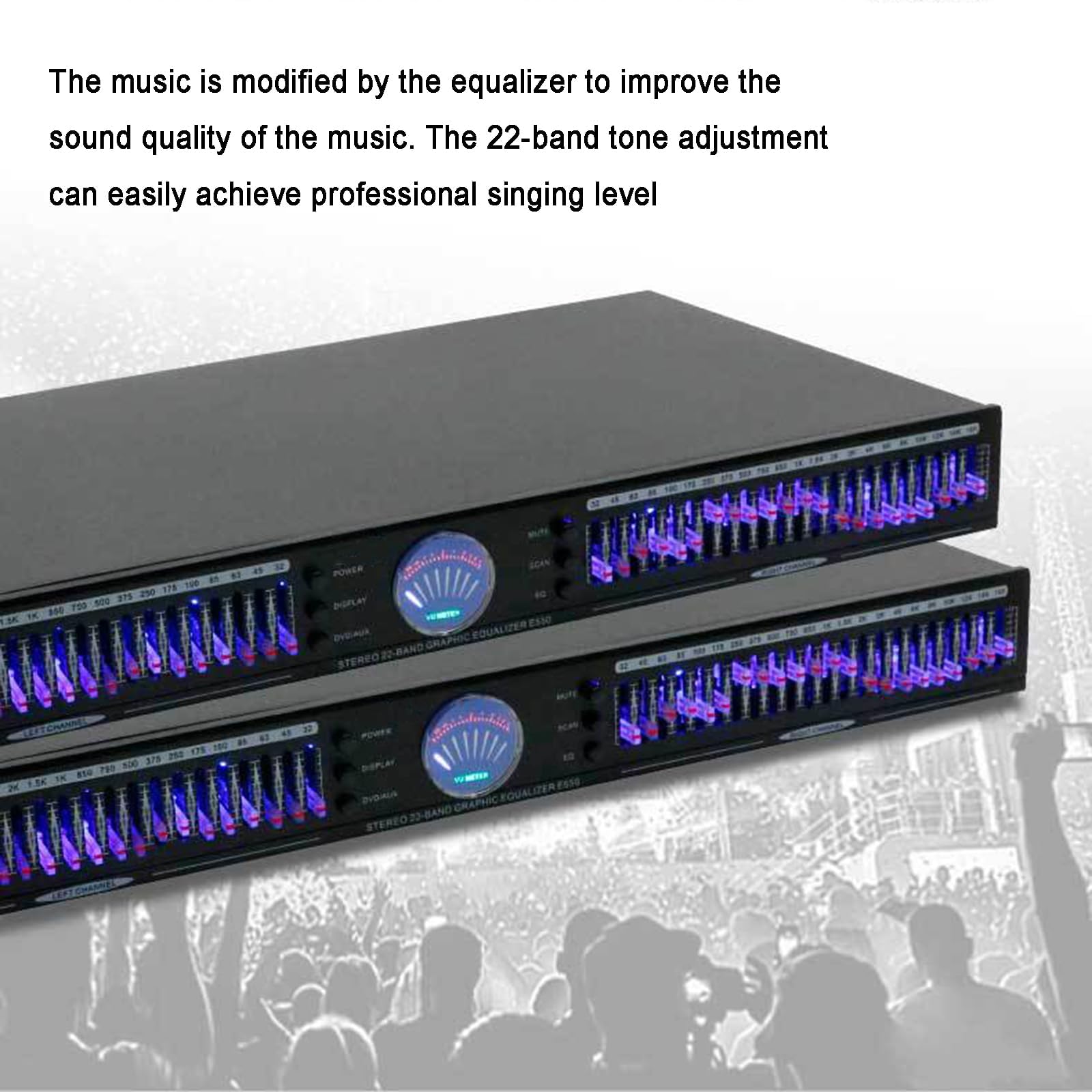 Égaliseur Audio 22 Bandes, Égaliseur Graphique Professionnel, avec 10 Effets Prédéfinis, Réduction Automatique Intelligente du Bruit, Réglage Indépendant des Basses/Moyennes/aigus