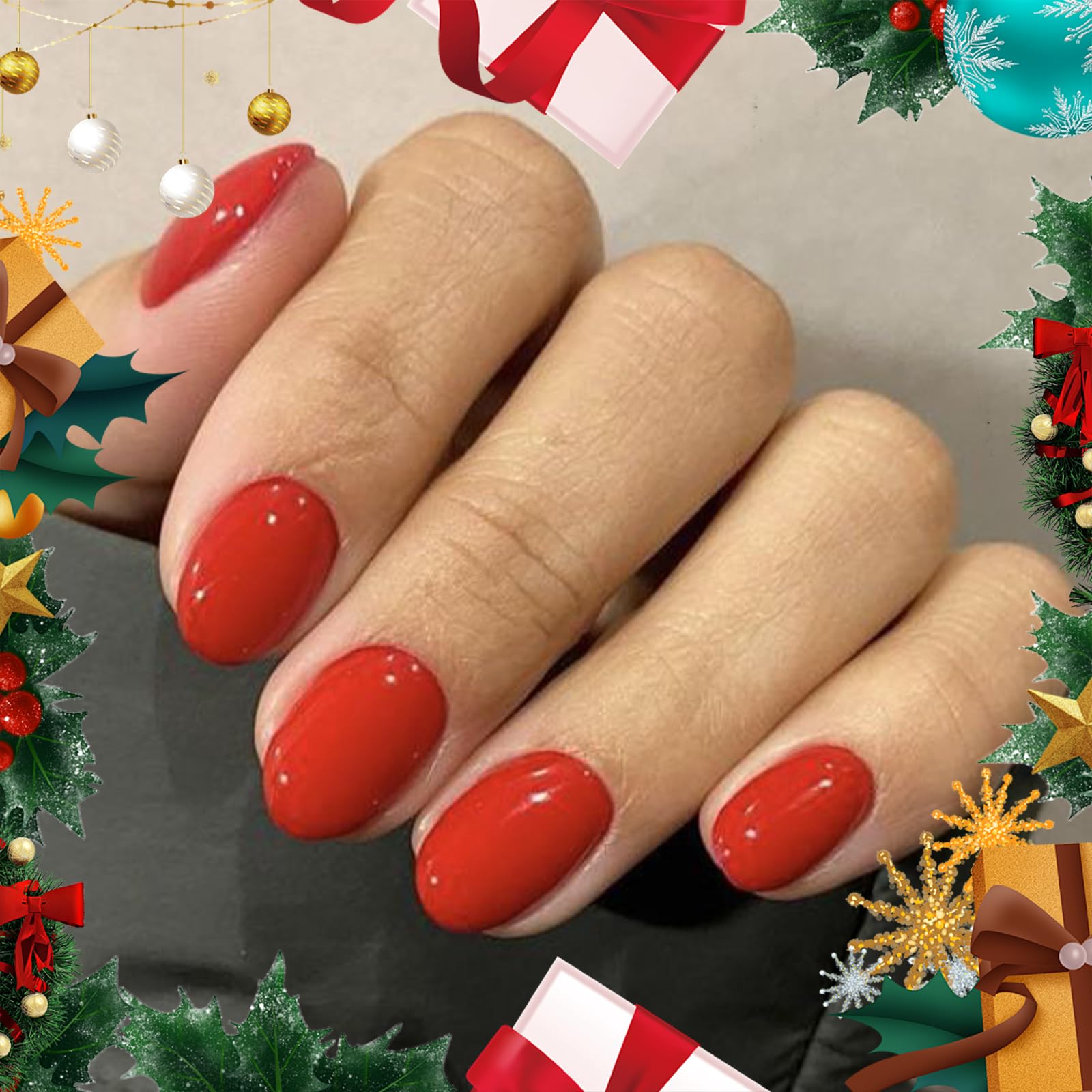 modelones Red Short Press on Nails Oval Fake Nails with Nail Glue, Adhesive Tabs, Nail File, Prep Pad, Manicure Stick, 32Pcs 16 Sizes, Christmas