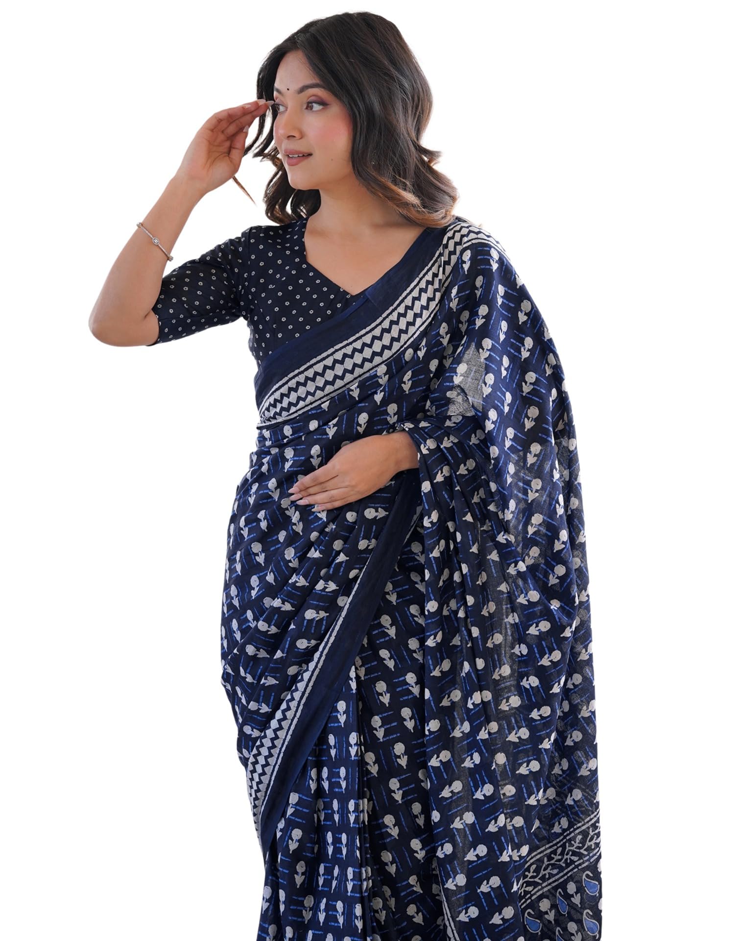 siril Printed Cotton Saree, Ready to Wear Saree Pre Pleated with Unstitched Blouse Piece-picture-19