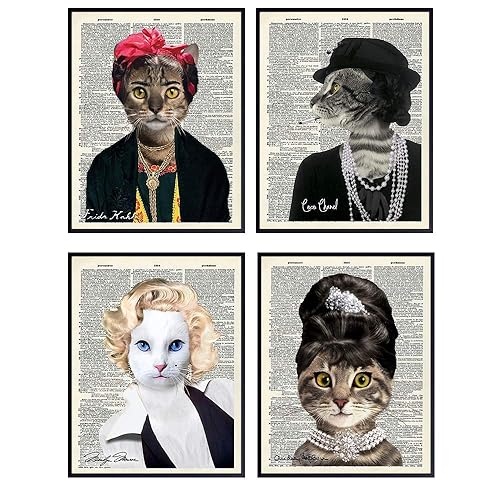 Cat Wall Decor, Cat Wall Art Set - 8x10 Cat Poster, Print, Picture Set of 4- Cat Lover Gift for Men, Women, Kids - Veterinarian Gift, Office Decor -