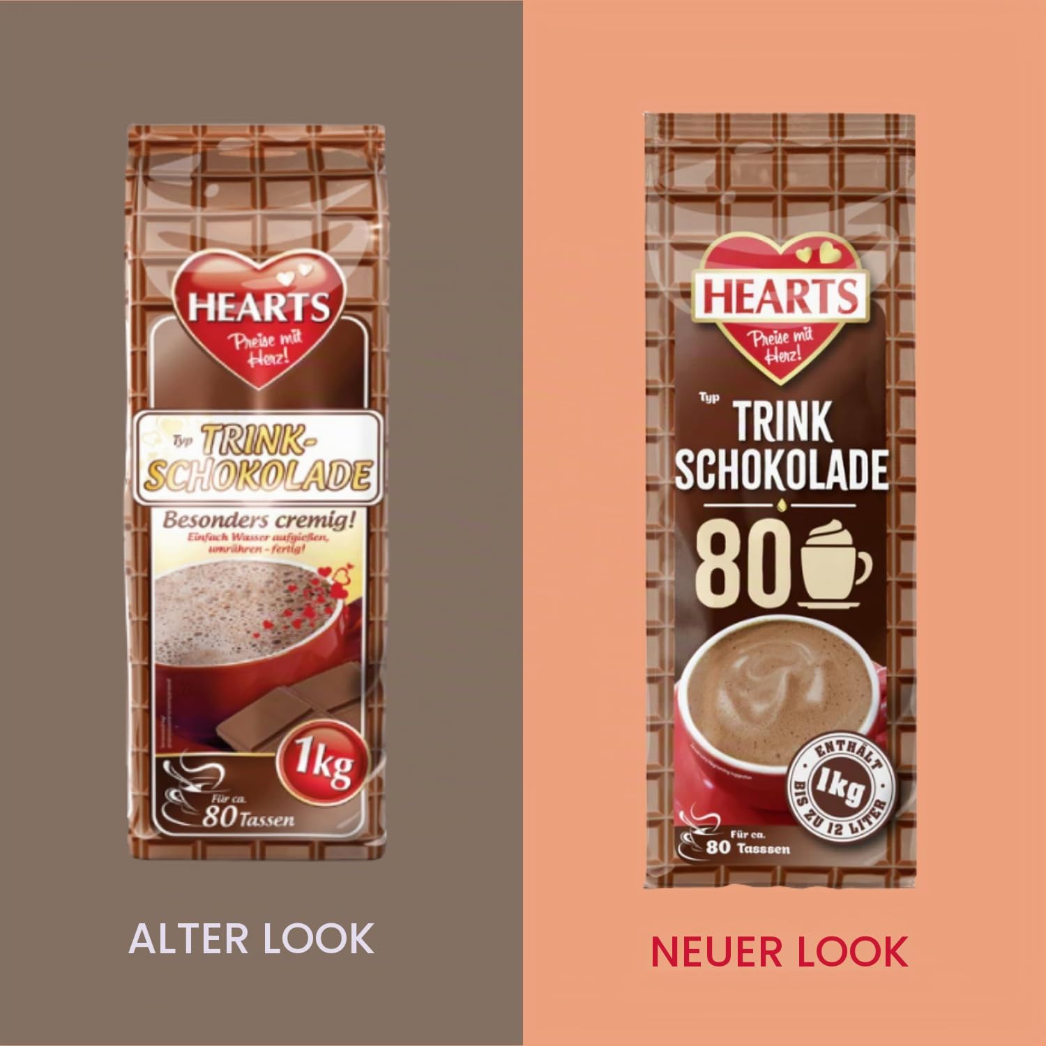 HEARTS Trinkschokolade, 5 x 1kg lnstant Drinking Chocolate Pulver, leicht löslich, milchig, cremig, 5er Vorratspackung, reicht für 400 Tassen