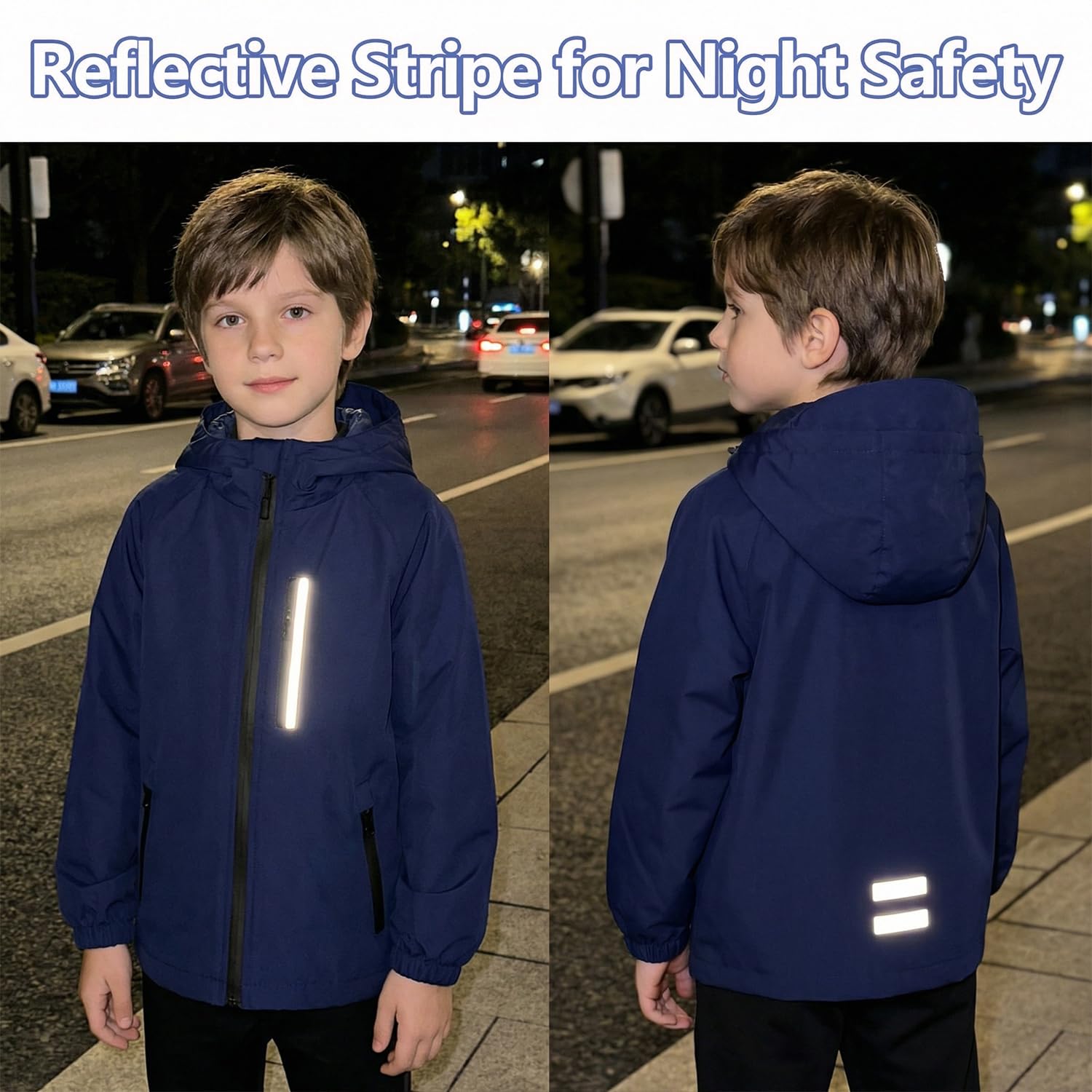 JinBei Blouson Fille Garçon Veste à Capuche Coupe-vent Léger Doux Imperméable Manteau avec Bandes Réfléchissantes et Poches Zippées Printemps Automne Enfant Voyage Scolaire Sport 5-13 Ans