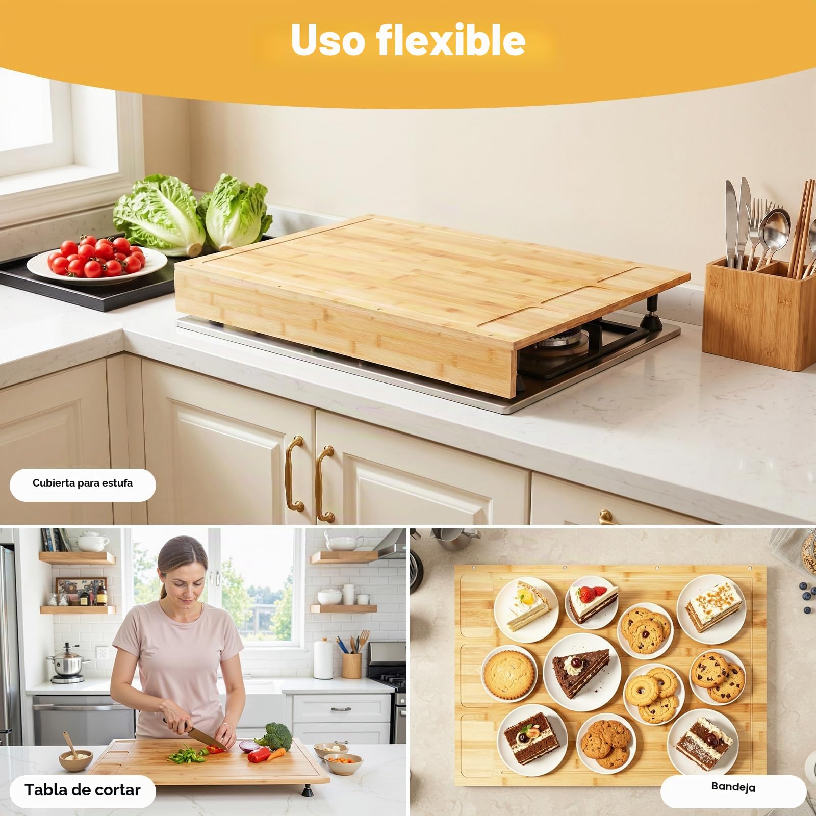 Cubierta de cocina de madera con 4 pies de apoyo extraíbles, cubierta de cocina, cubierta multifuncional, para la mayoría de cocinas de gas y eléctricas, 75 x 54 x 10 cm