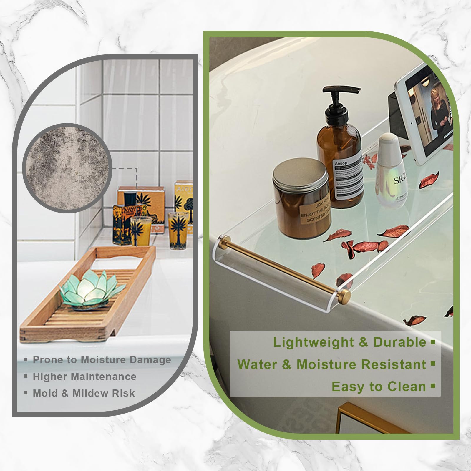 SHUNLI - Bandeja de acrílico para bañera, Estante Transparente para bañera con Mango Dorado, Organizador de baño de Lujo para Tablet