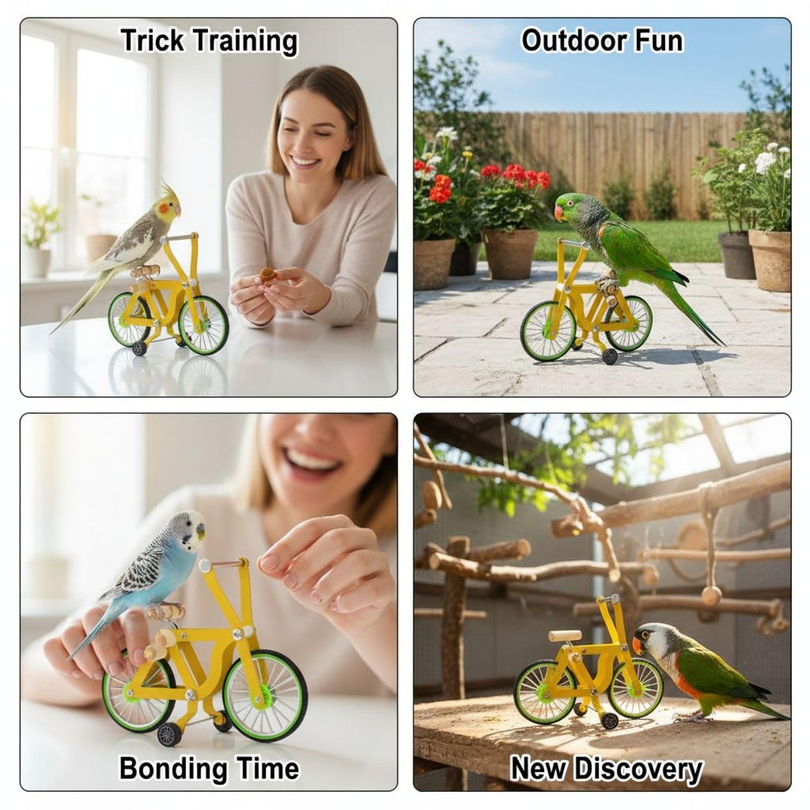 Mała papuga zabawka rowerowa dla Budgies i Cockatiel, zabawka treningowa z metalową ramą, drewnianym uchwytem, gumowymi kółkami, zapasową gumką w zestawie, 6.1 x 4.9 in / 15,5 x 12,5 cm