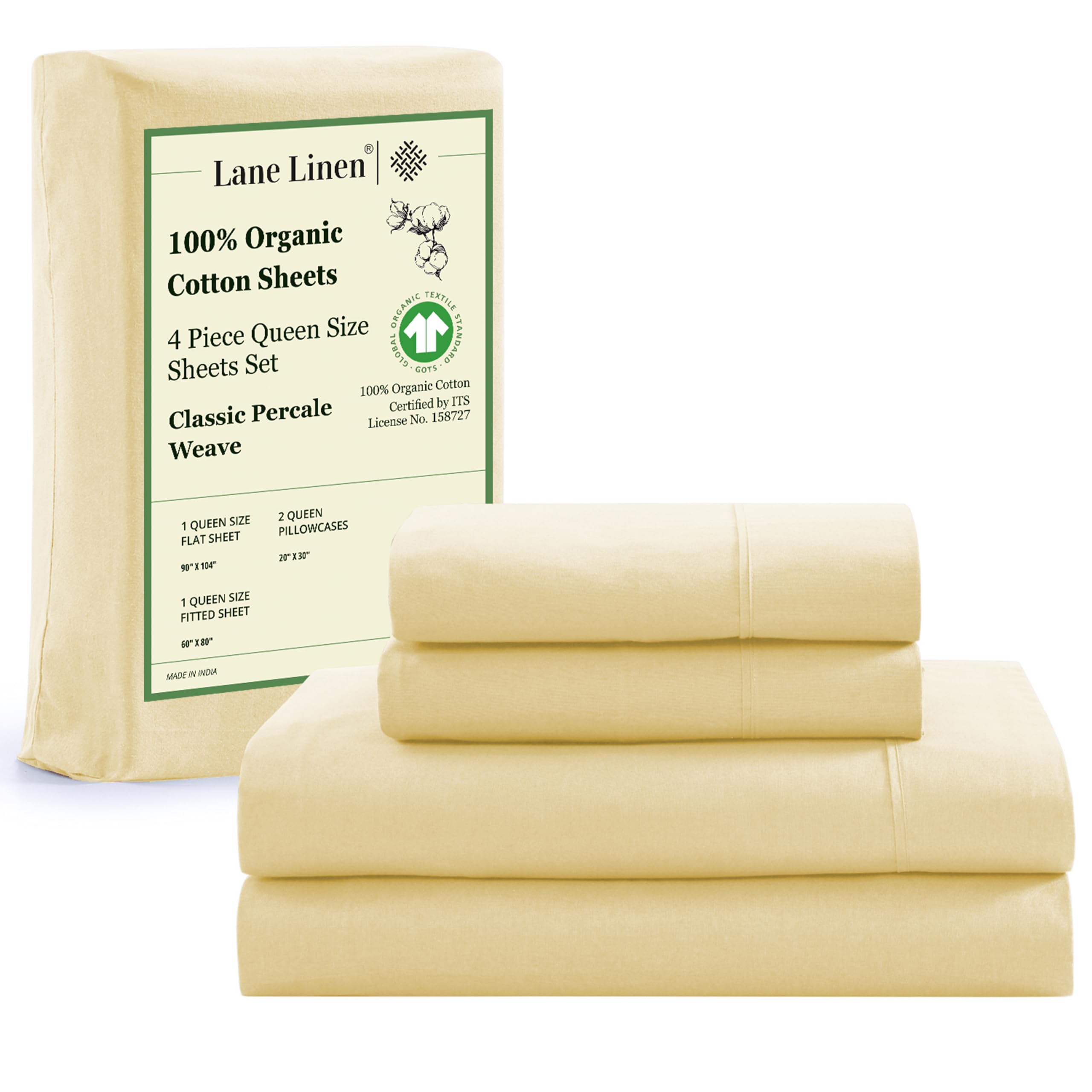LANE LINEN 100% Organic Cotton Queen Sheets Set 4-Piece Pure Percale Bedsheets Bedding Breathable Fits Mattress Upto 15" Deep - Vanilla