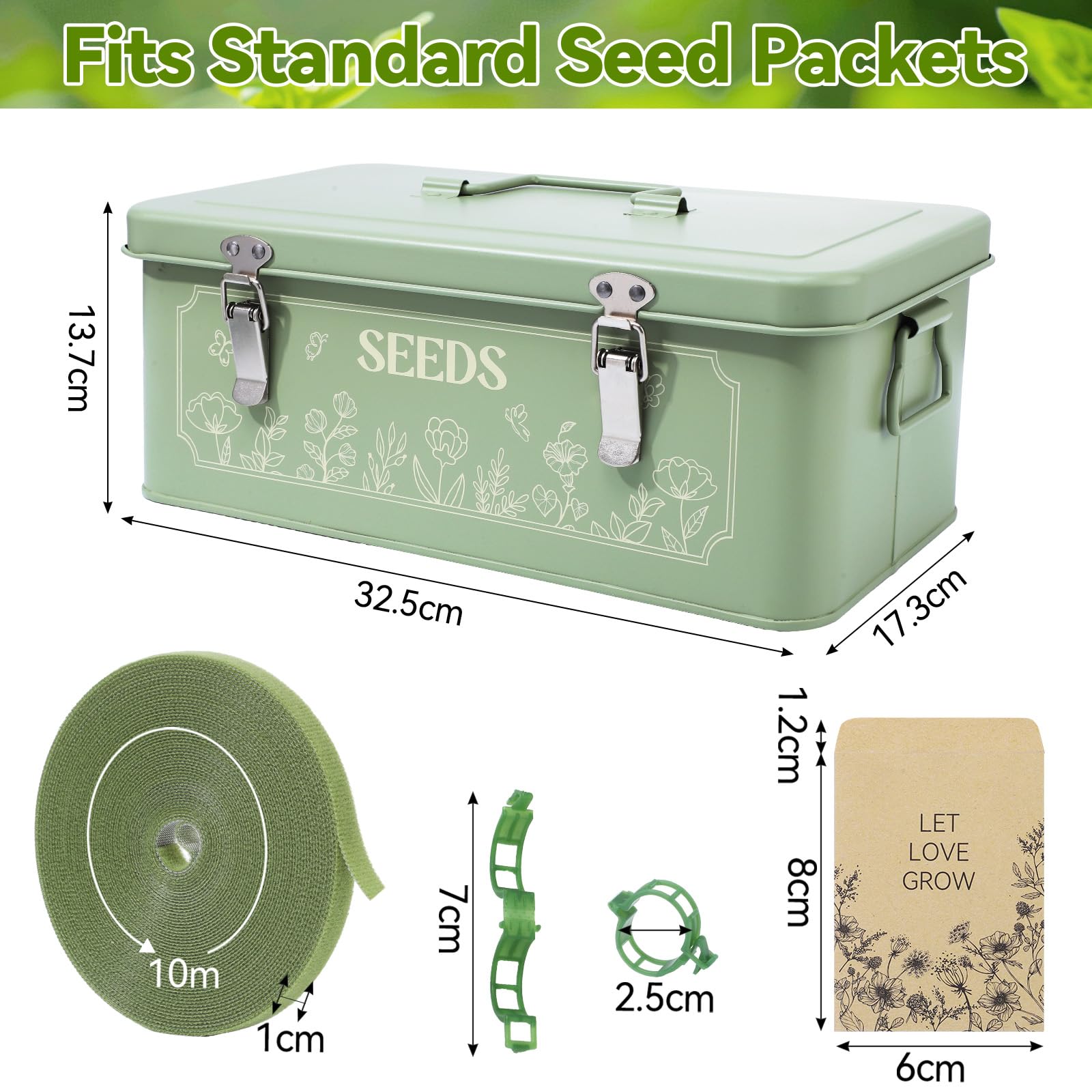 nuoshen Metall-Aufbewahrungsbox, Garten-Samenbox, 32,5 x 17,3 x 13,7 cm, Saatgutaufbewahrung, Gewächshauszubehör, für Gärtner, Schrebergarten, Geschenke