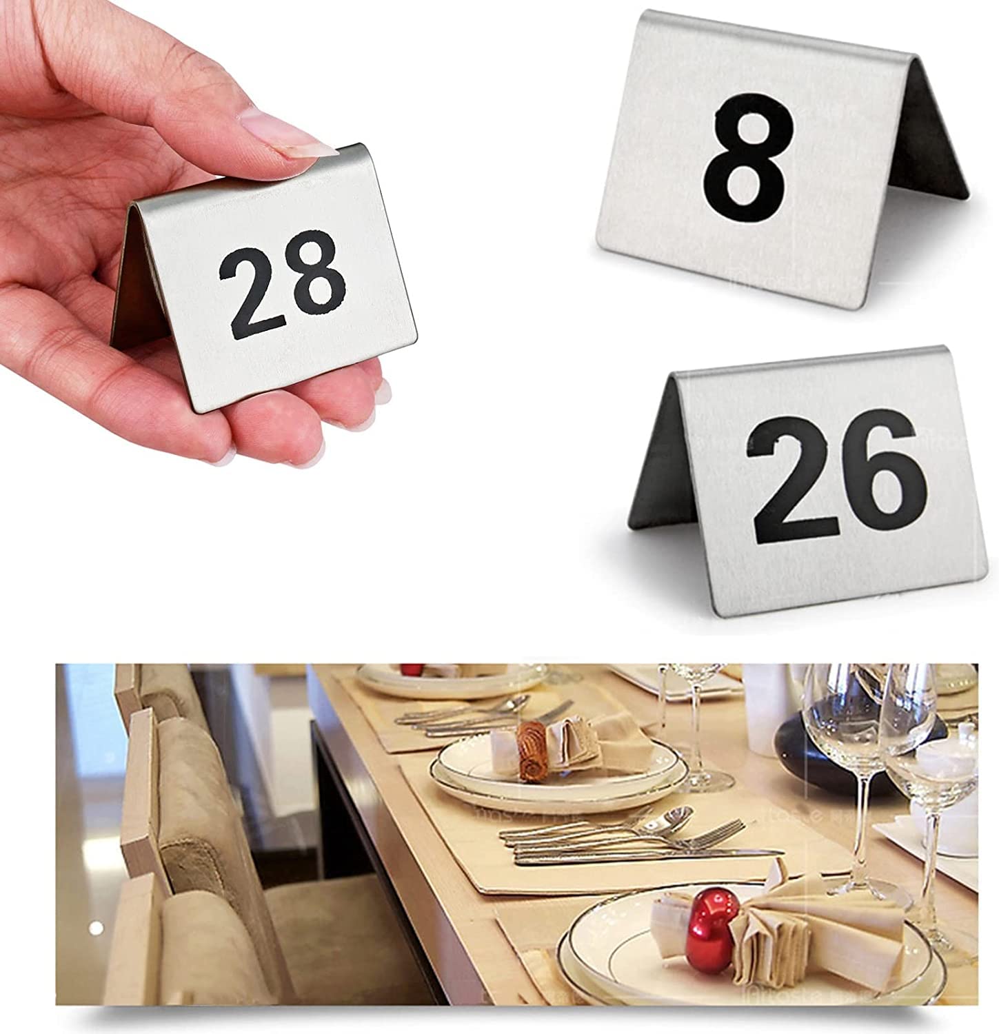 Tarjetas de número de mesa de acero inoxidable 1 a 50/1 a 100, tarjeta de restaurante digital, doble cara para un fácil reconocimiento, tarjeta de etiqueta de número de escritorio de visualización t