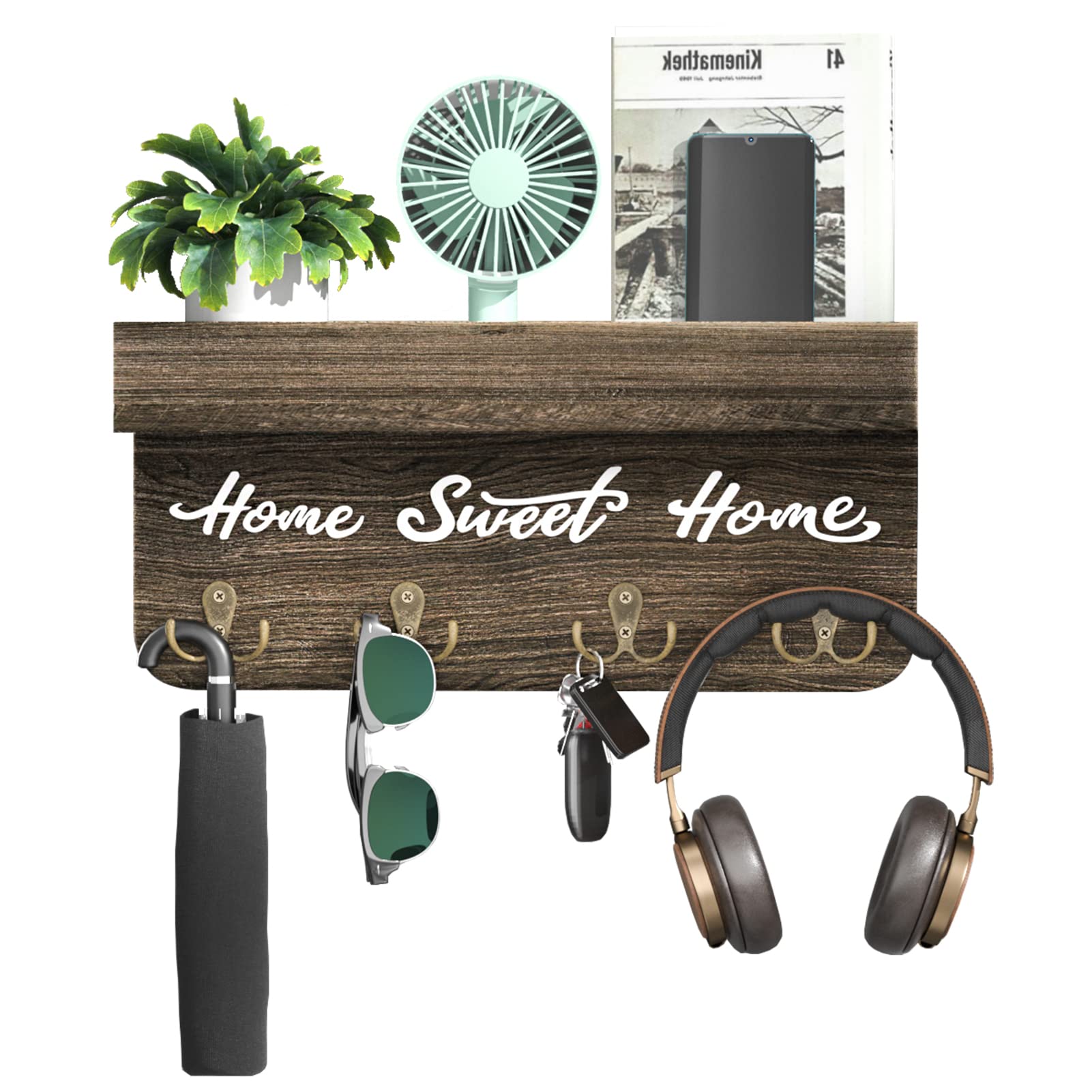 bpaKey Holder for Wall with 4 Double Key Hooks, Rustic Wooden Key and Mail Holder Wall Mounted, Key Hanger with Shelf, Decorative Key Rack for Entryroom, Hallway, Living Room, Brown