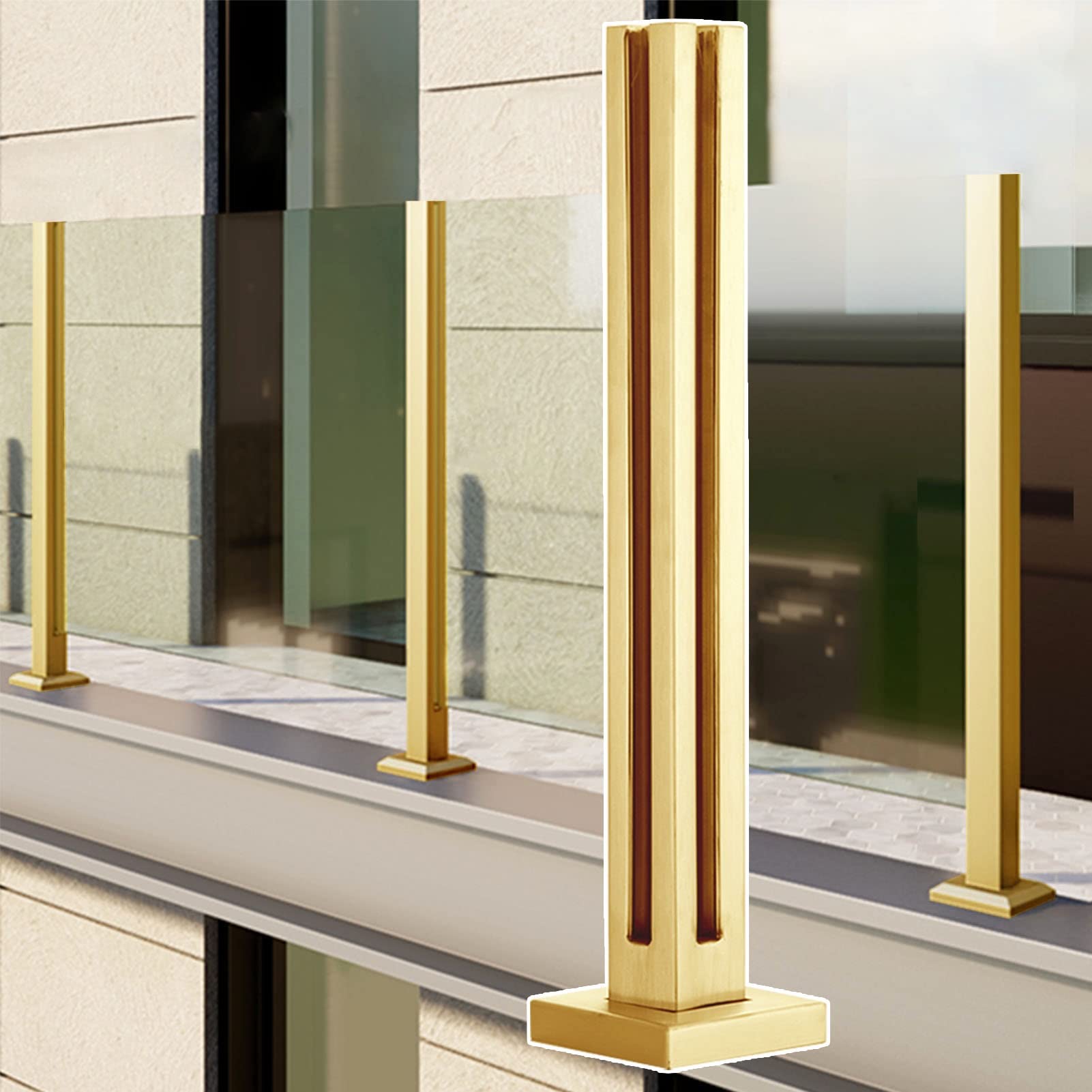 Barandilla de acero inoxidable para balcón y terraza, diseño dorado con vidrio.