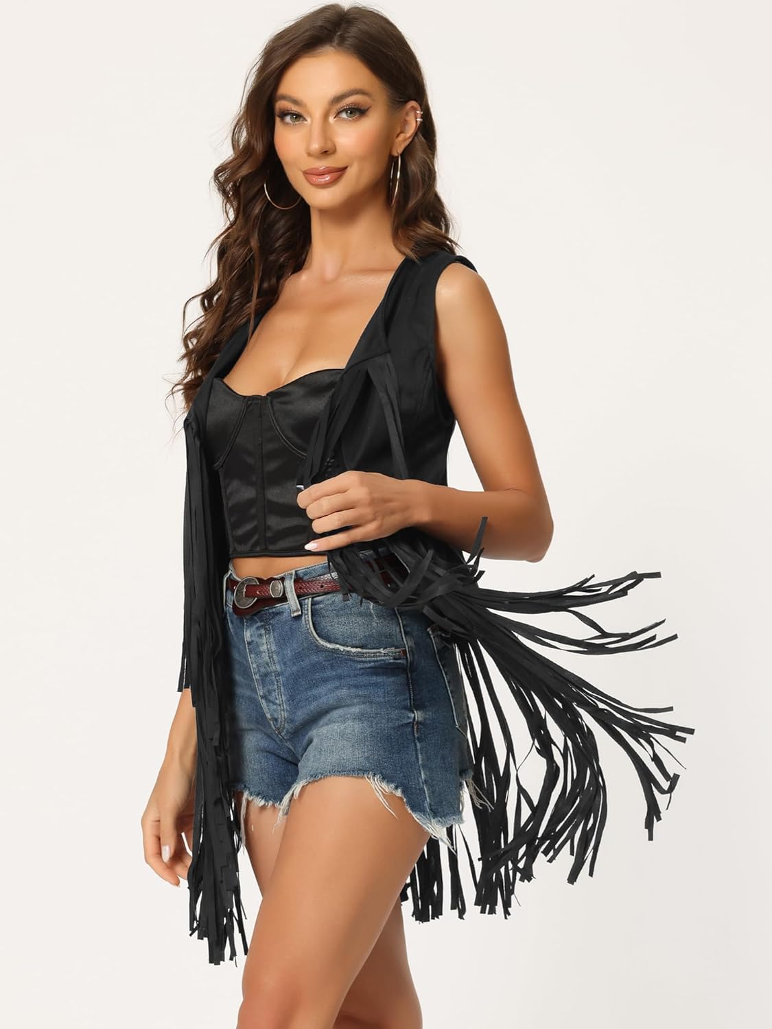 Allegra K Women's Sleeveless Fringe Vest Open Front Western 70s Outfits Faux Suede Tassel Cardigan - Image 3