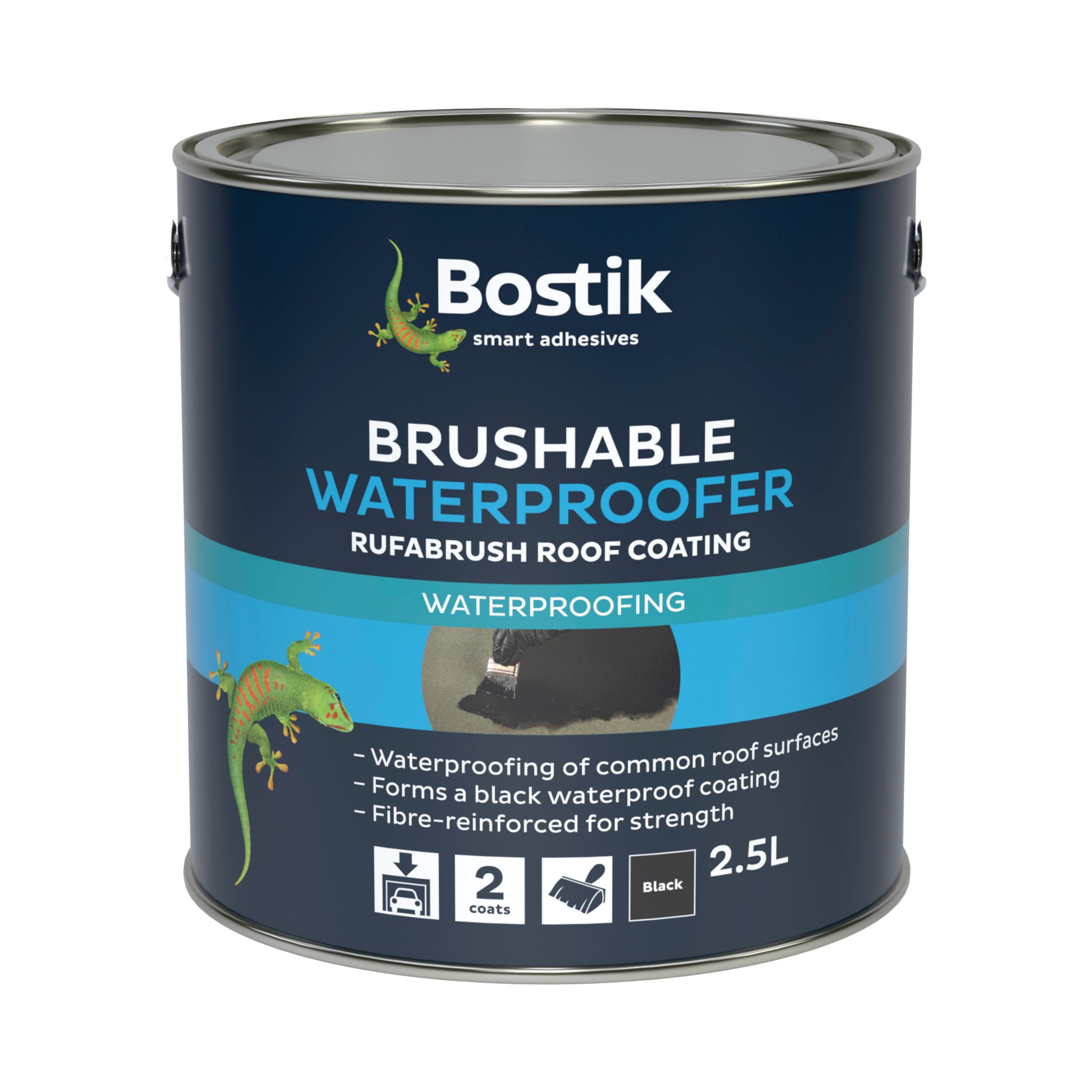Bostik Brushable Waterproofer Roof Coating Black - 2.5 L - Fibre-Reinforced Bituminous Waterproofing Compound for Roofs - Concrete, Metal & Felt - Tough Protective Sealant