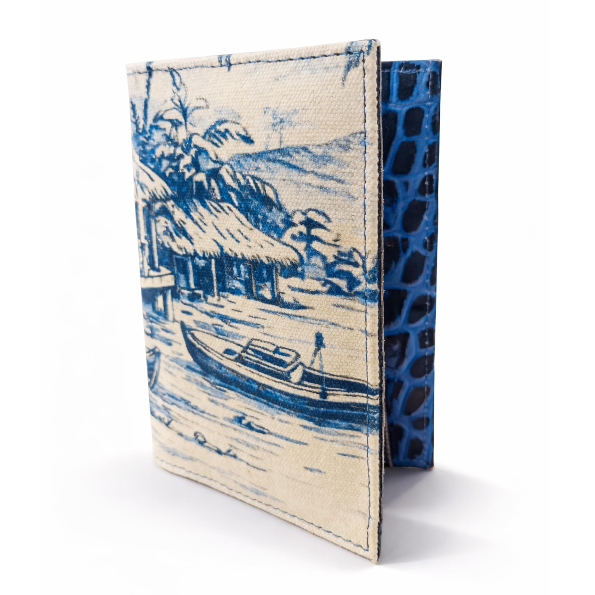 Coastal Indigo Canvas Passport Cover with Croc-Embossed Leather Interior | Stylish Travel Wallet & Document Organizer Pouch | Lightweight Passport Holder & Card Protector for Men & Women-image-14