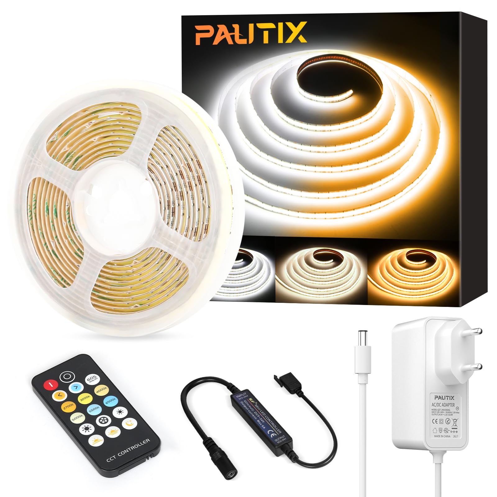 PAUTIX COB LED Taśma CCT 2700K-6500K Regulowane zimne i ciepłe światło,5M 3200LEDs możliwością ściemniania,zestaw taśm LED 24V z zasilaczem i pilotem RF do oświetlenia luster kuchennych TV