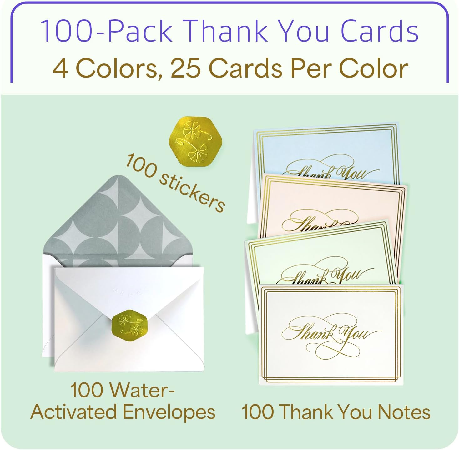 ukee's Elegant Thank You Cards, Gold Foil, 100 Cards with Envelopes