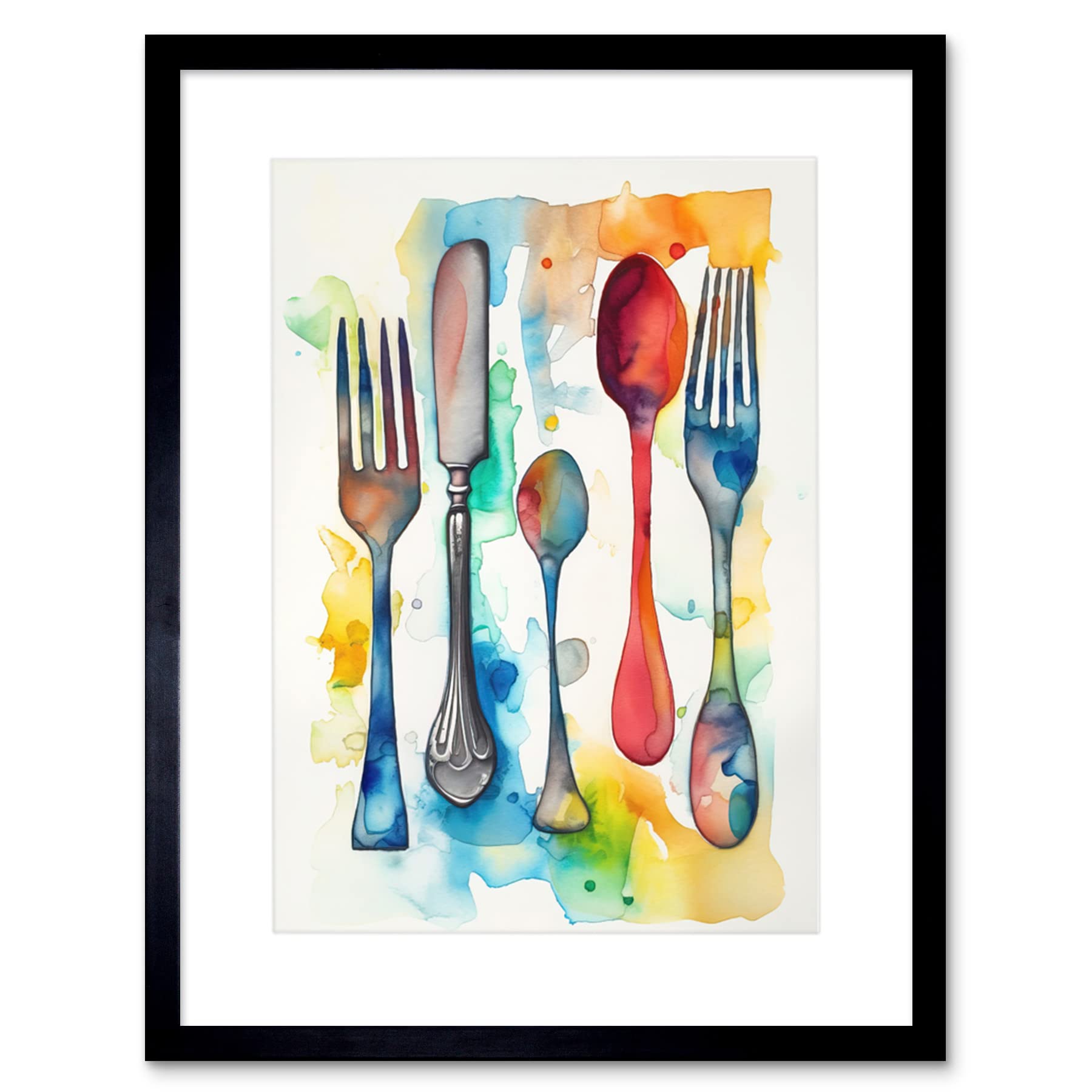 Artery8 Cutlery Forks Spoons And Knife Watercolour Painting Artwork Framed Print Wall Art 9X7 Inch