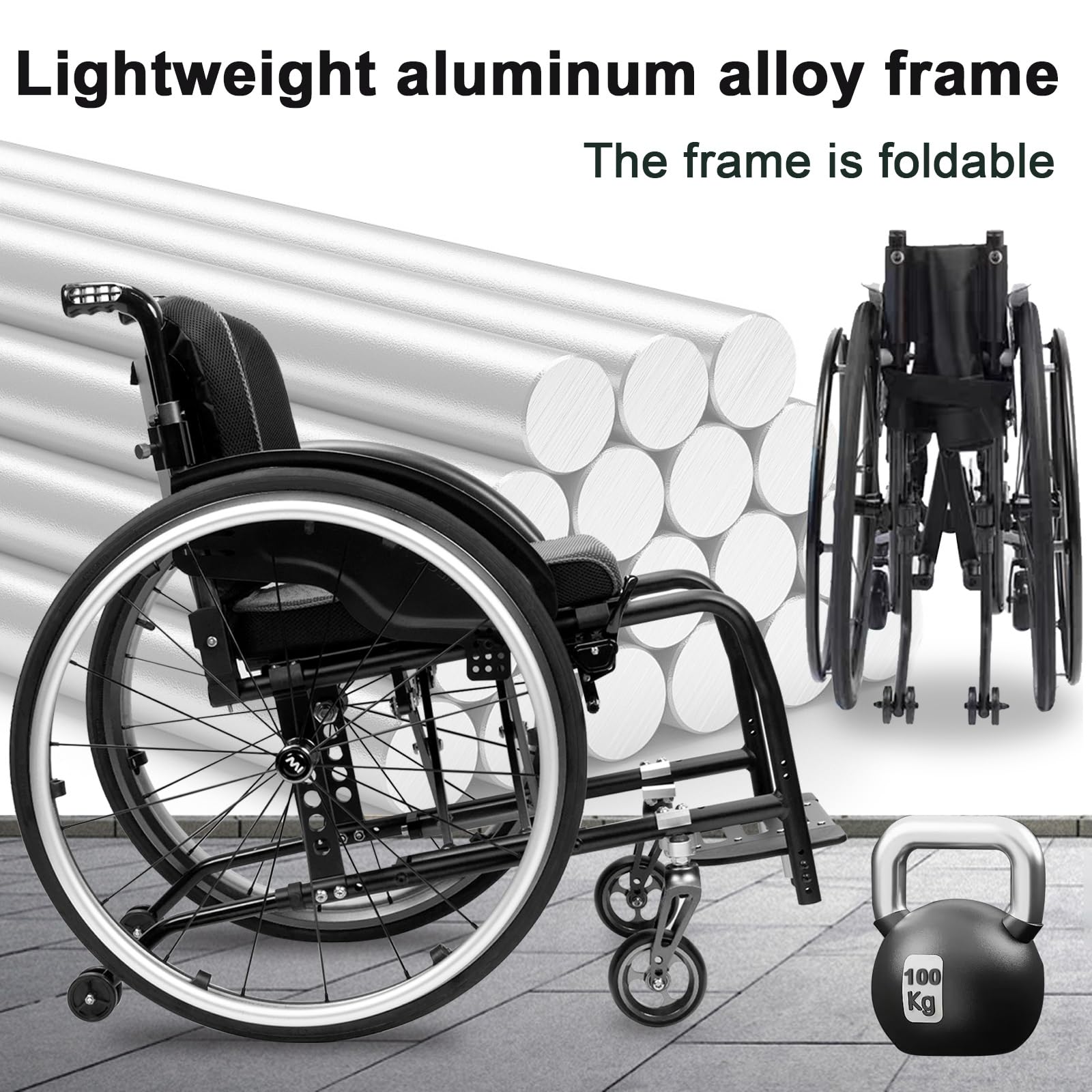 Wózek inwalidzki ze stopu aluminium, lekki, z ręcznym napędem, wyposażony w opony terenowe, zdejmowany podnóżek (szerokość siedziska: 38 cm)