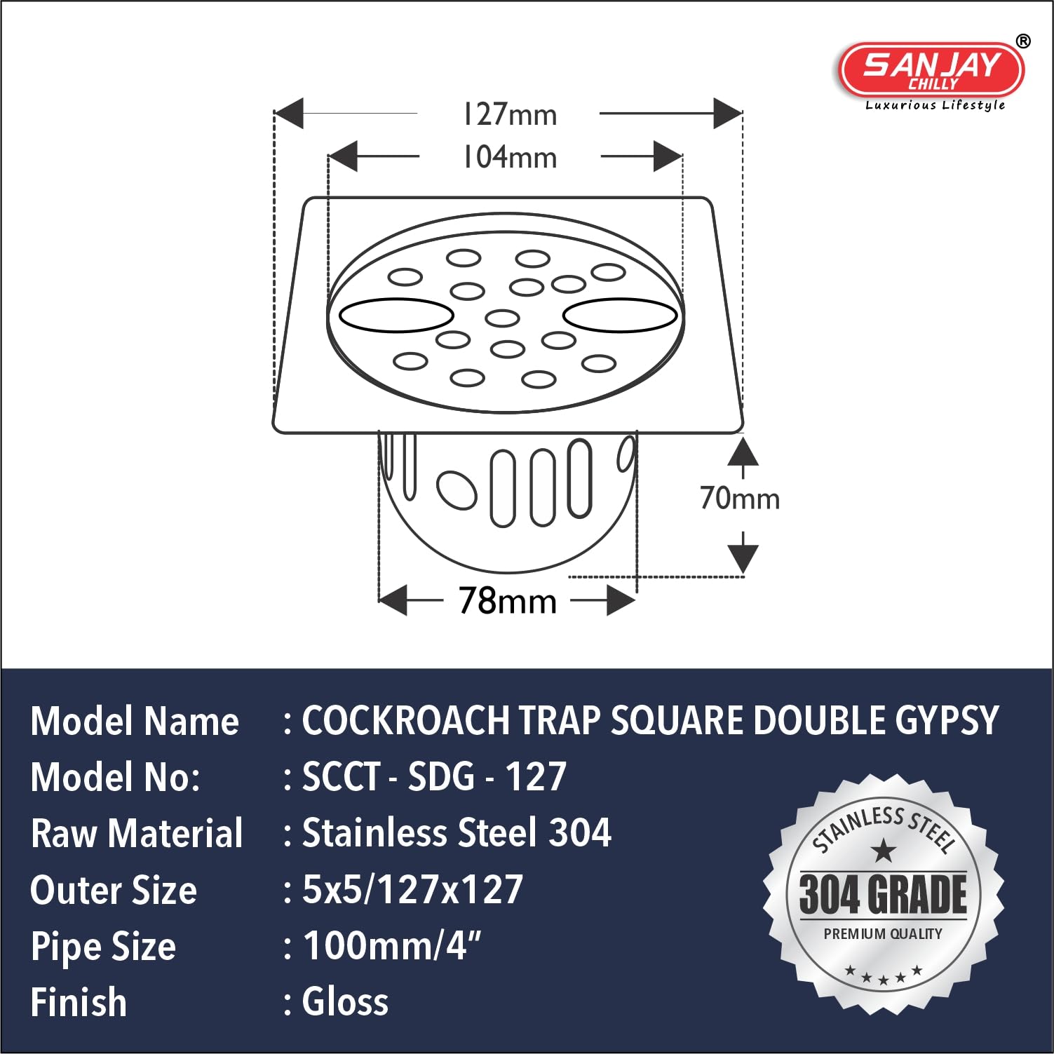 Sanjay Chilly Floor Drain Cockroach Trap with Square Double Hole Bathroom Gratings 304 Grade Stainless Steel Floor Water Drainer Cover Jali Safety from Cockroach & Insects in Sink & Toilet 5x5 INCH