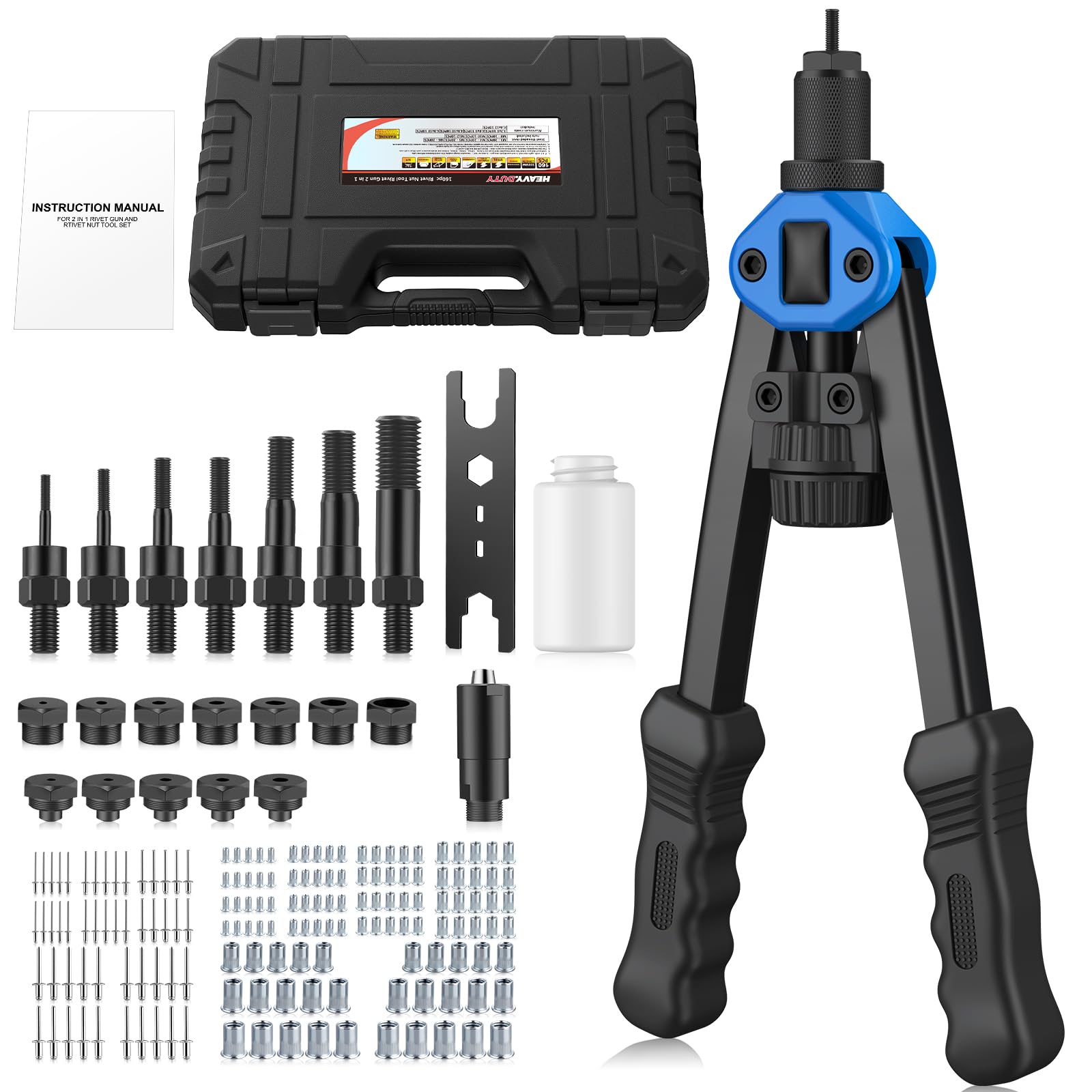 AUTOUTLET Kit 2 in 1 Pinza Rivettatrice da 13 Pollici per Rivetti Ciechi con 110 Dadi M3-M12 e 50 Rivetti Ciechi (3,2-6,4 mm),Rivettatrice Manuale Professionale