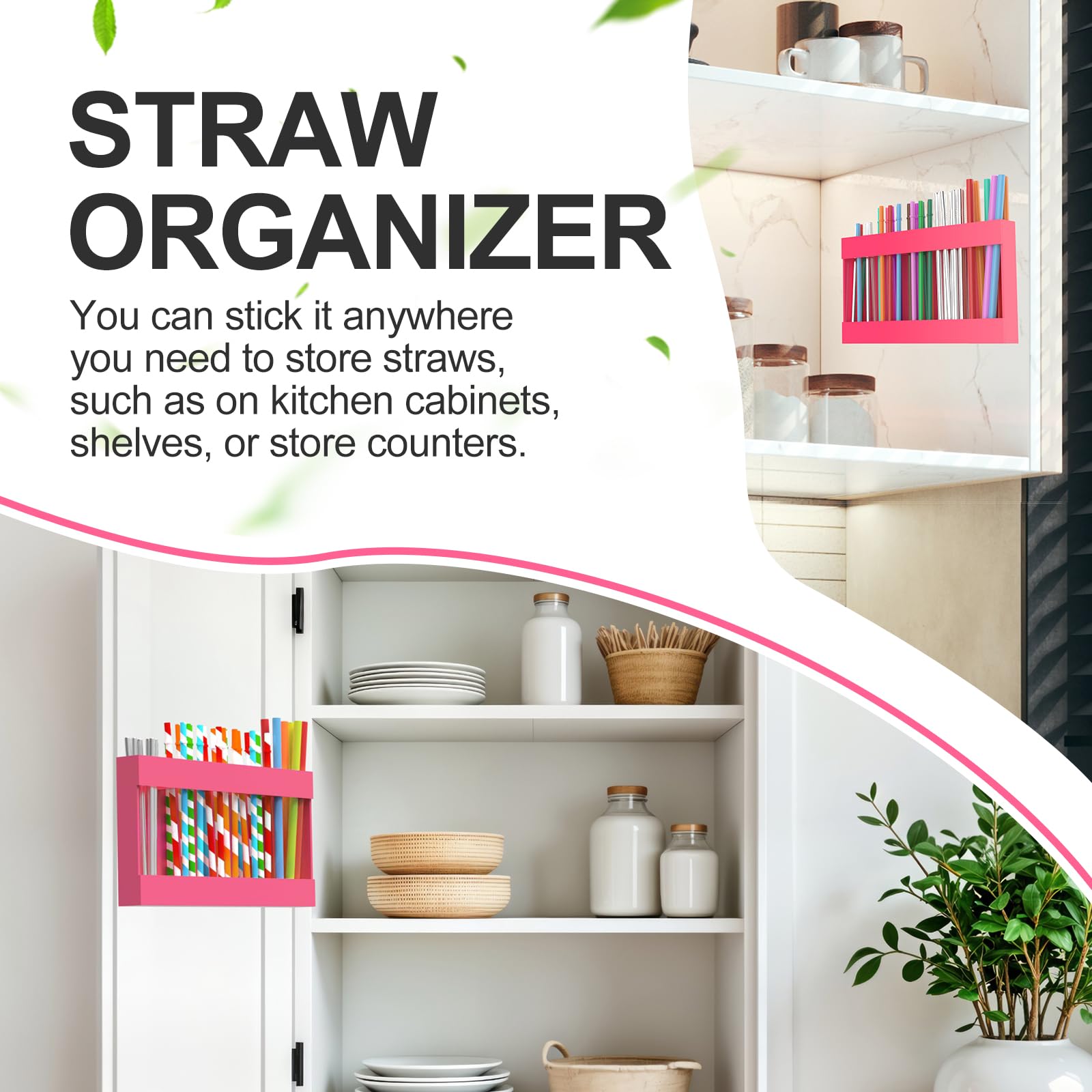 Rycid 9.5” Large Acrylic Straw Holder for Cabinet Door with Detachable Ultra Sticky Adhesive Squares and Stickers, 2026 Reusable Straws Organizer Storage Dispenser for Kitchen Counter Cupboard