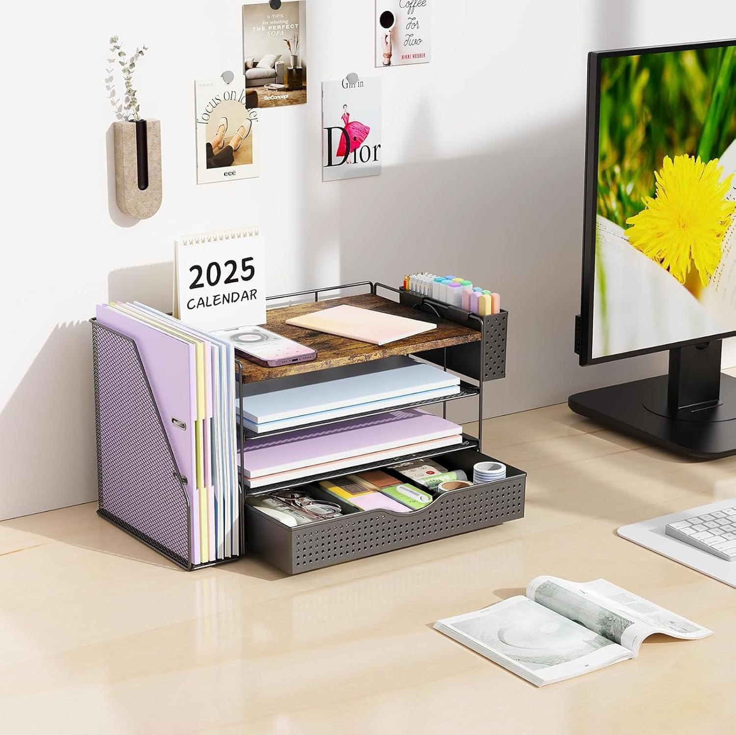 Wood Desk Organizers and Accessories with File Holder & Catalog Racks view 3