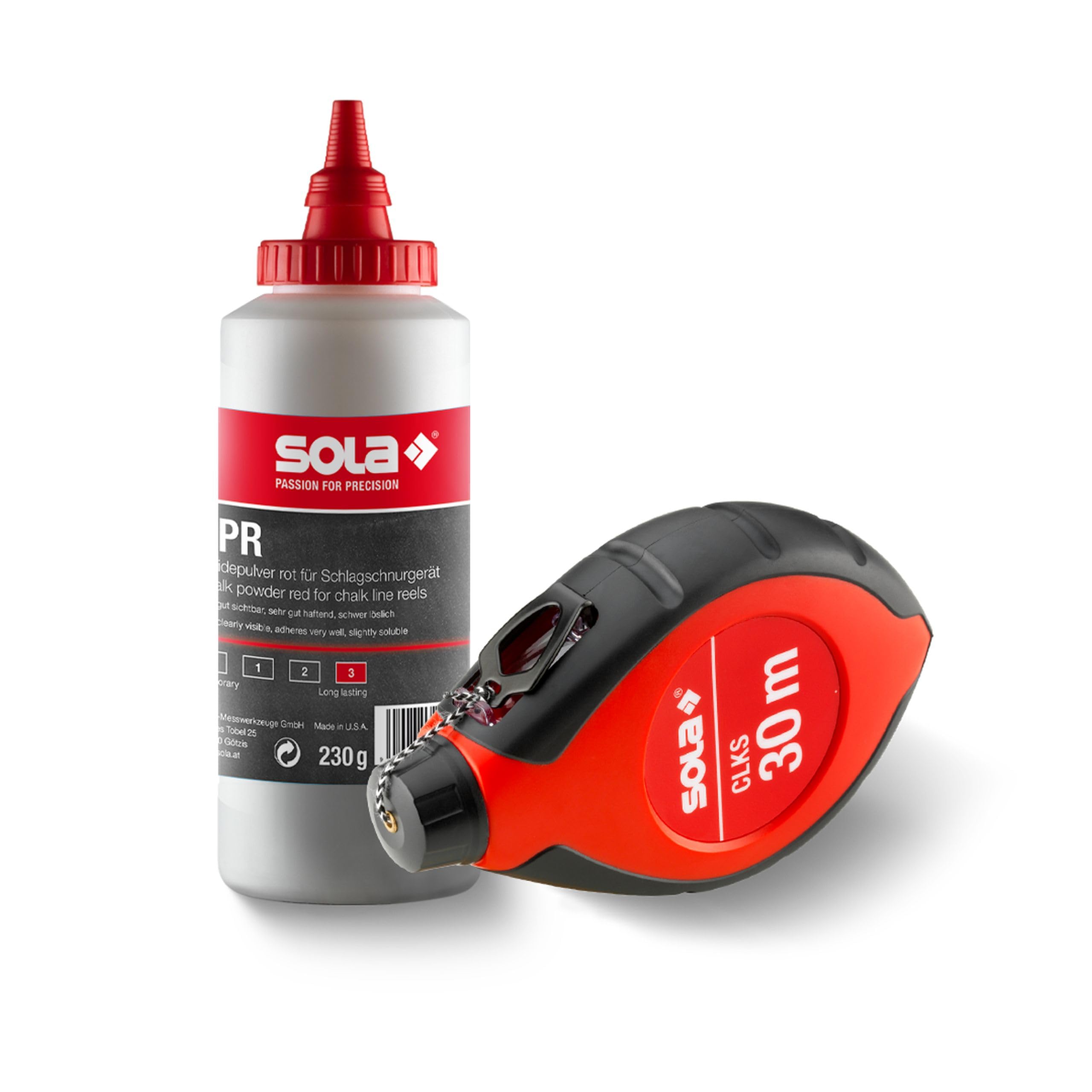 Sola CLKS Schlagschnur Set Rot - 30 m Markierschnur mit Kreide ROT [230 g] im praktischen Set - schneller Schnureinzug durch 6:1 Getriebe - großes und robustes Kunststoffgehäuse