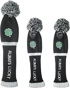 Golf Club Head Covers Set 135 Driver Wood Fairway Sock Knit St. Patricks Day Gift Original Clover Embroidered Always Lucky 460cc POM POM