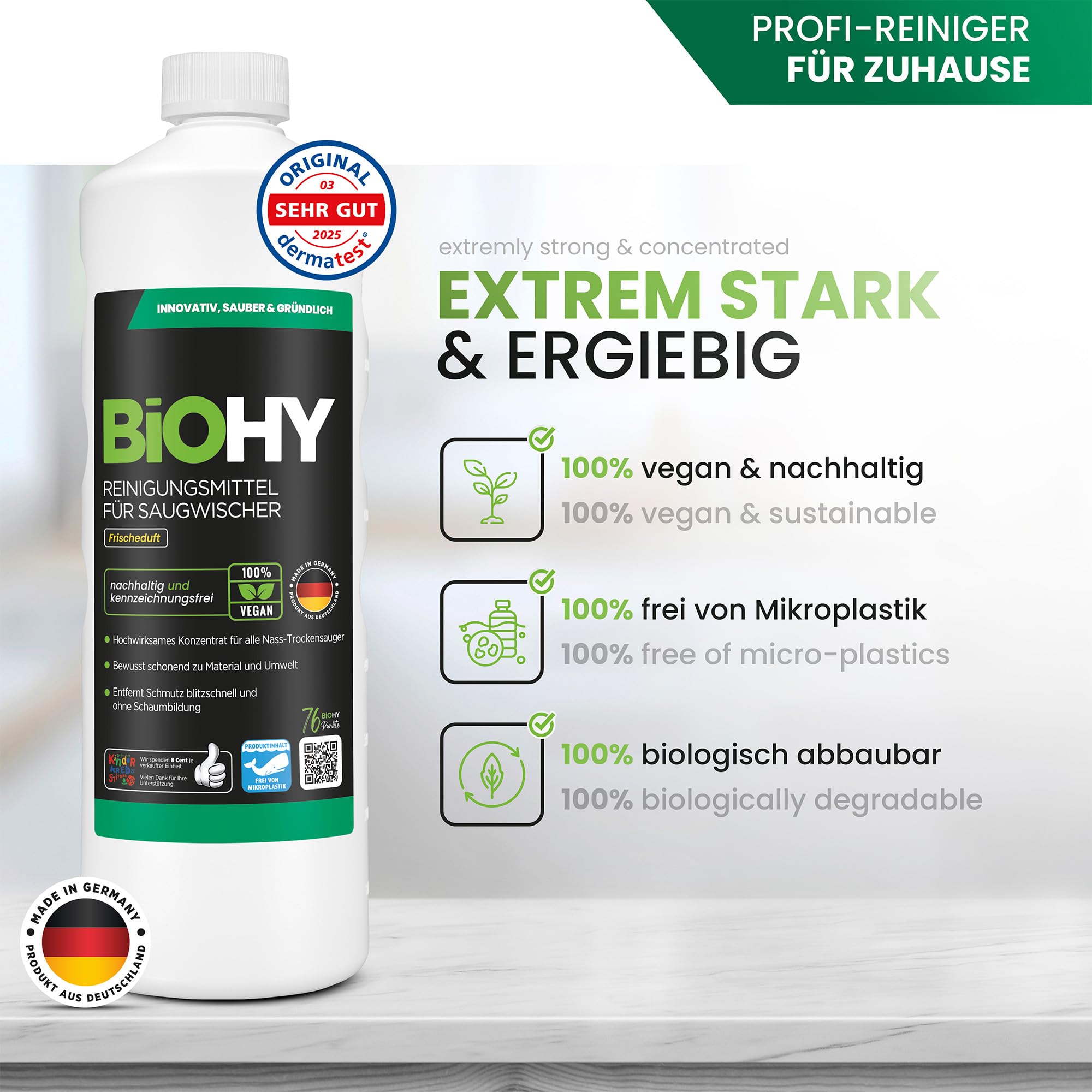 BiOHY Agente de limpieza para limpiaparabrisas de succión (12 botellas de 1 litro) + Dosificador | Concentrado 1:200 para los aspiradores en húmedo | baldosas, PVC, parquet y laminado (Saugwischer)