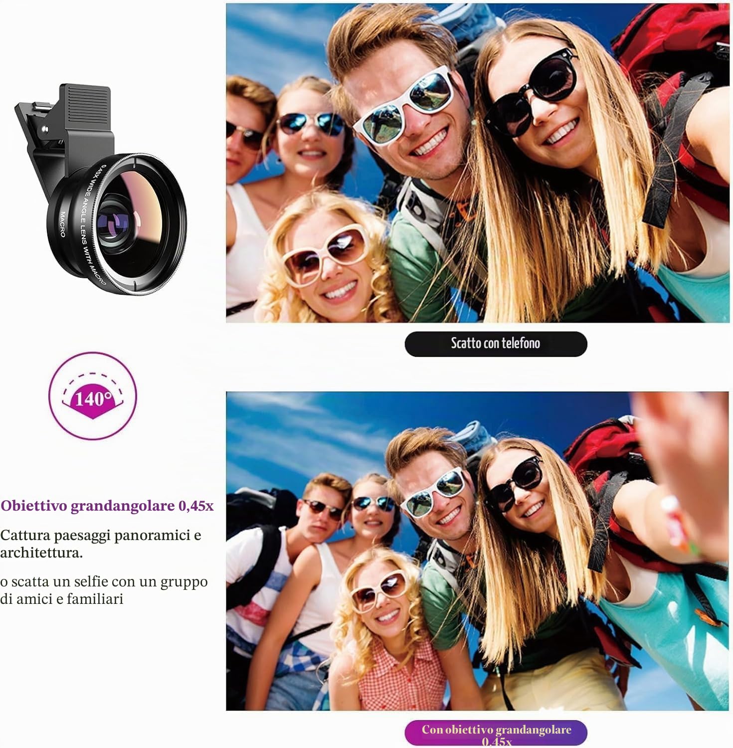 Kit Obiettivo Per Smartphone 2 In 1 – Macro 12.5x E Grandangolo 0.45x Con Clip In Alluminio E Vetro Ottico