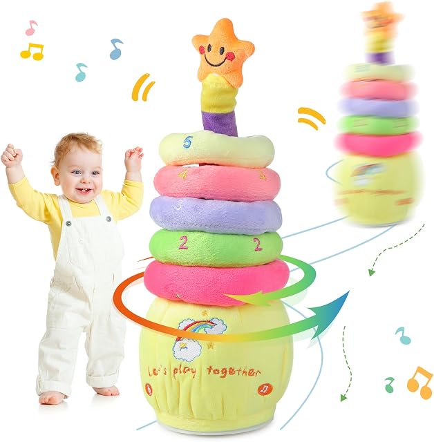 seOSTO Singing Dancing Cactus Baby Toys Repeating Newborn Toys Kids Plush Toys Talking Toys with 5 Circular Rings for Year Old Boys Girls Gifts