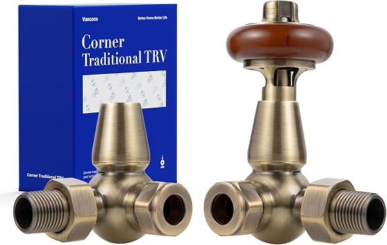 VANCOCO Traditional Antique Brass Corner Radiator Valve & Lockshield 1/2" 15mm, Thermostatic TRV Pair for Cast Iron or Modern Radiators with Solid Wood Handwheel
